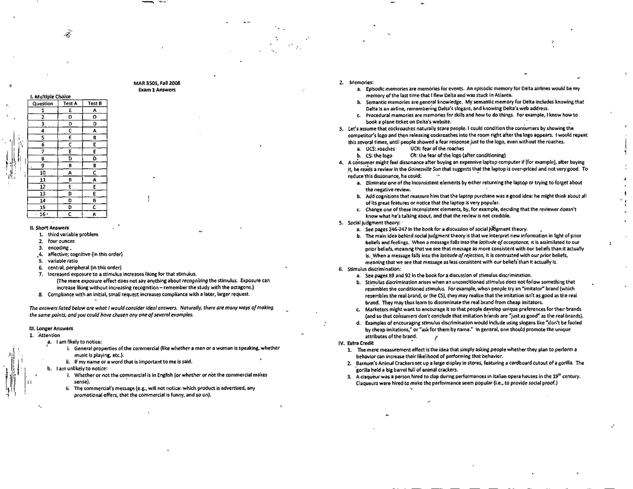 Exam 1 Answers | Consumer Behavior | 585544 | Exams Marketing | Docsity