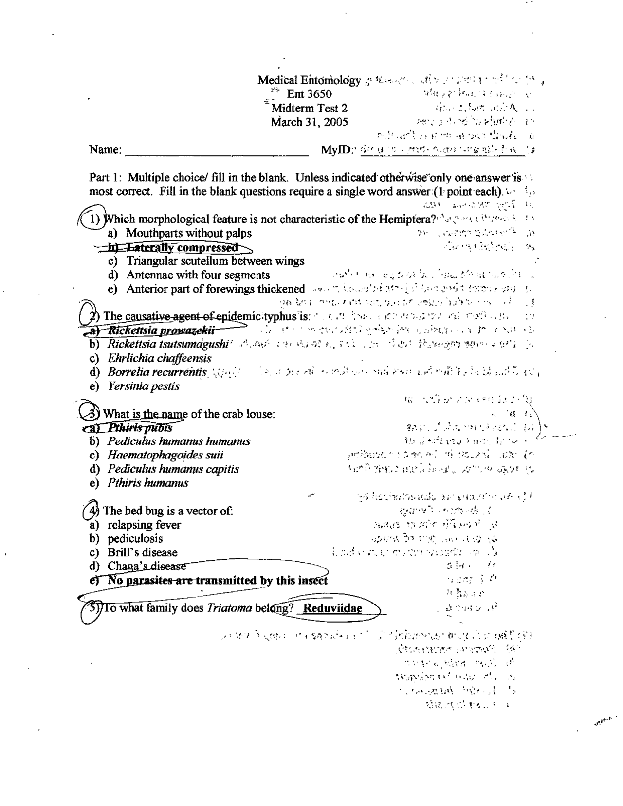49 Solved Questions on Medical Entomology Midterm Exam ENTO 3650