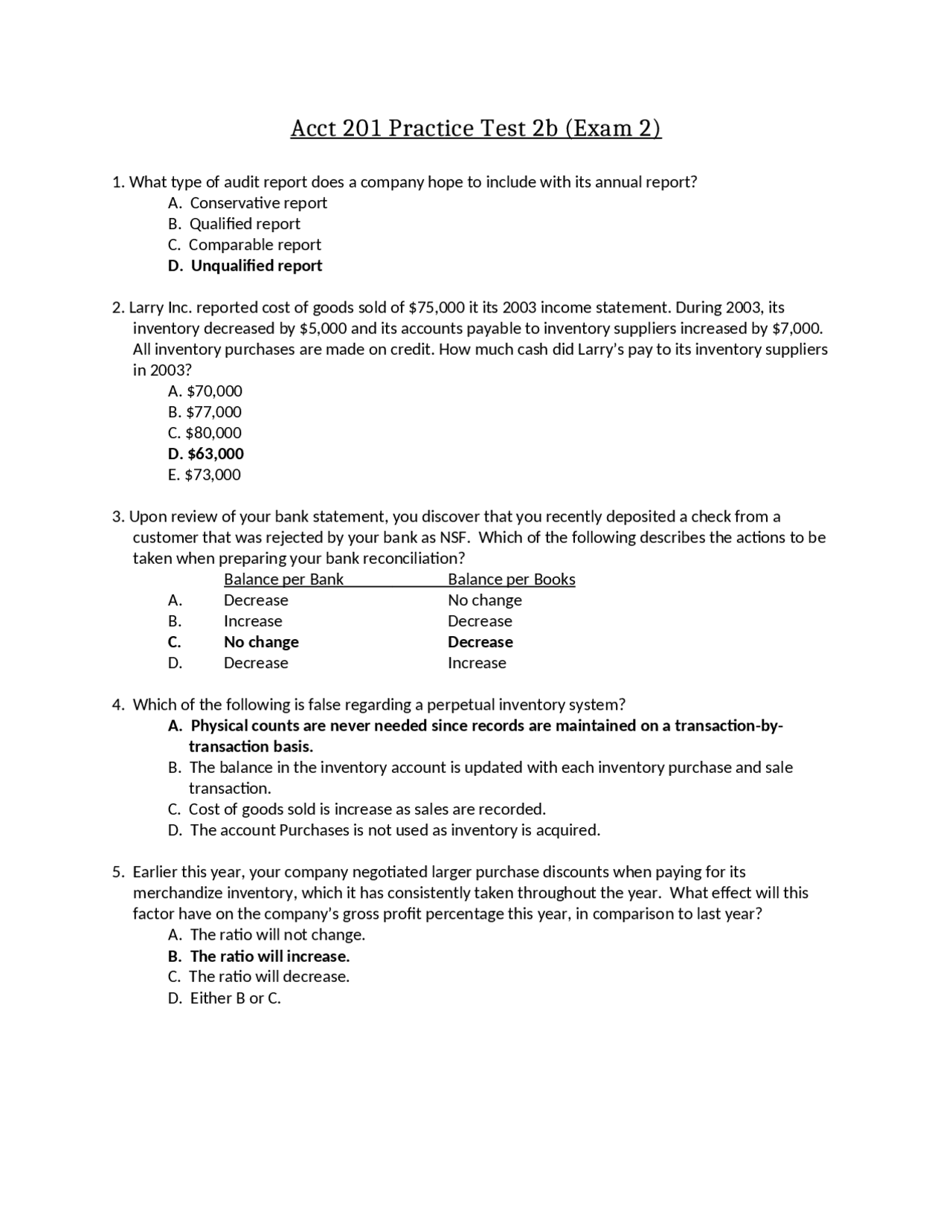 Practice Test 2B with Answers | Principles of Accounting I | ACCT 201 ...