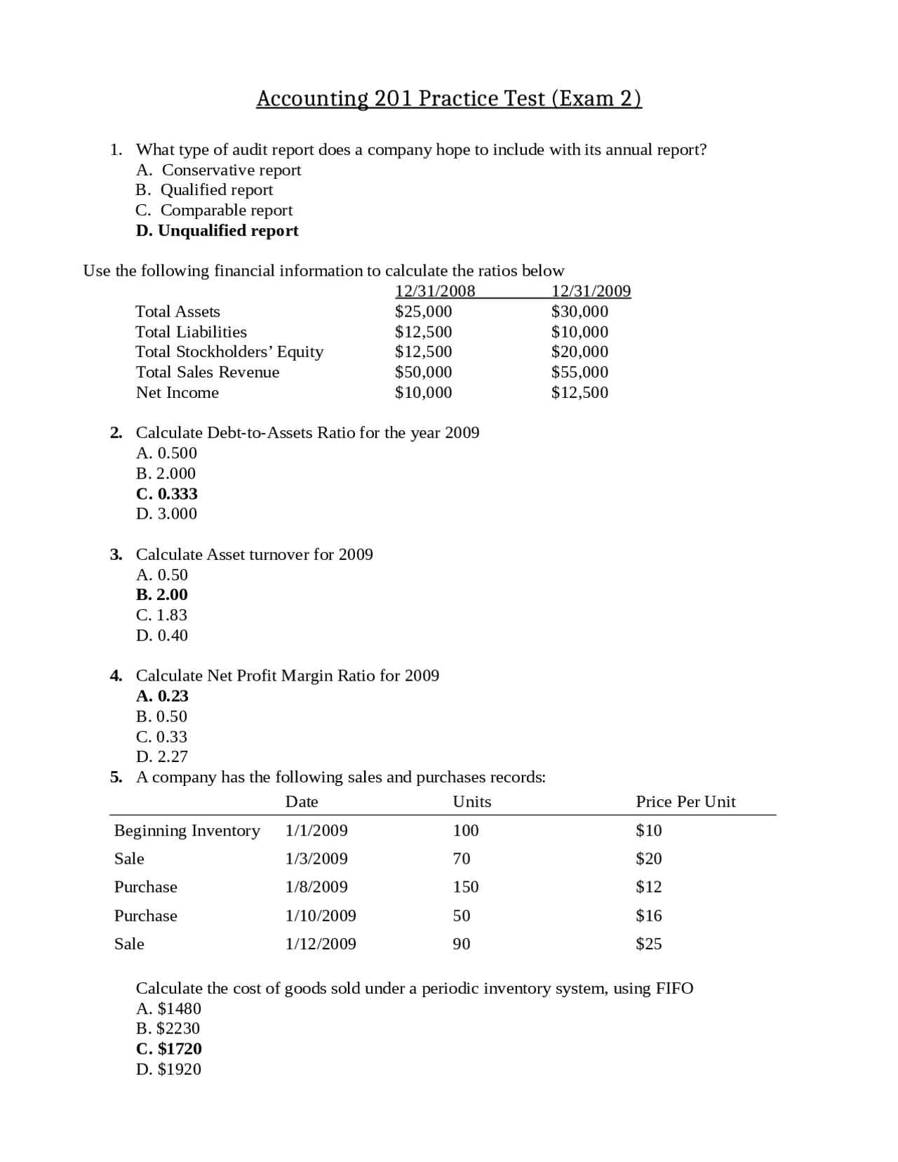 Accounting Math Test Free Practice Test 2 with Answers | Principles of Accounting I | ACCT 201 ...