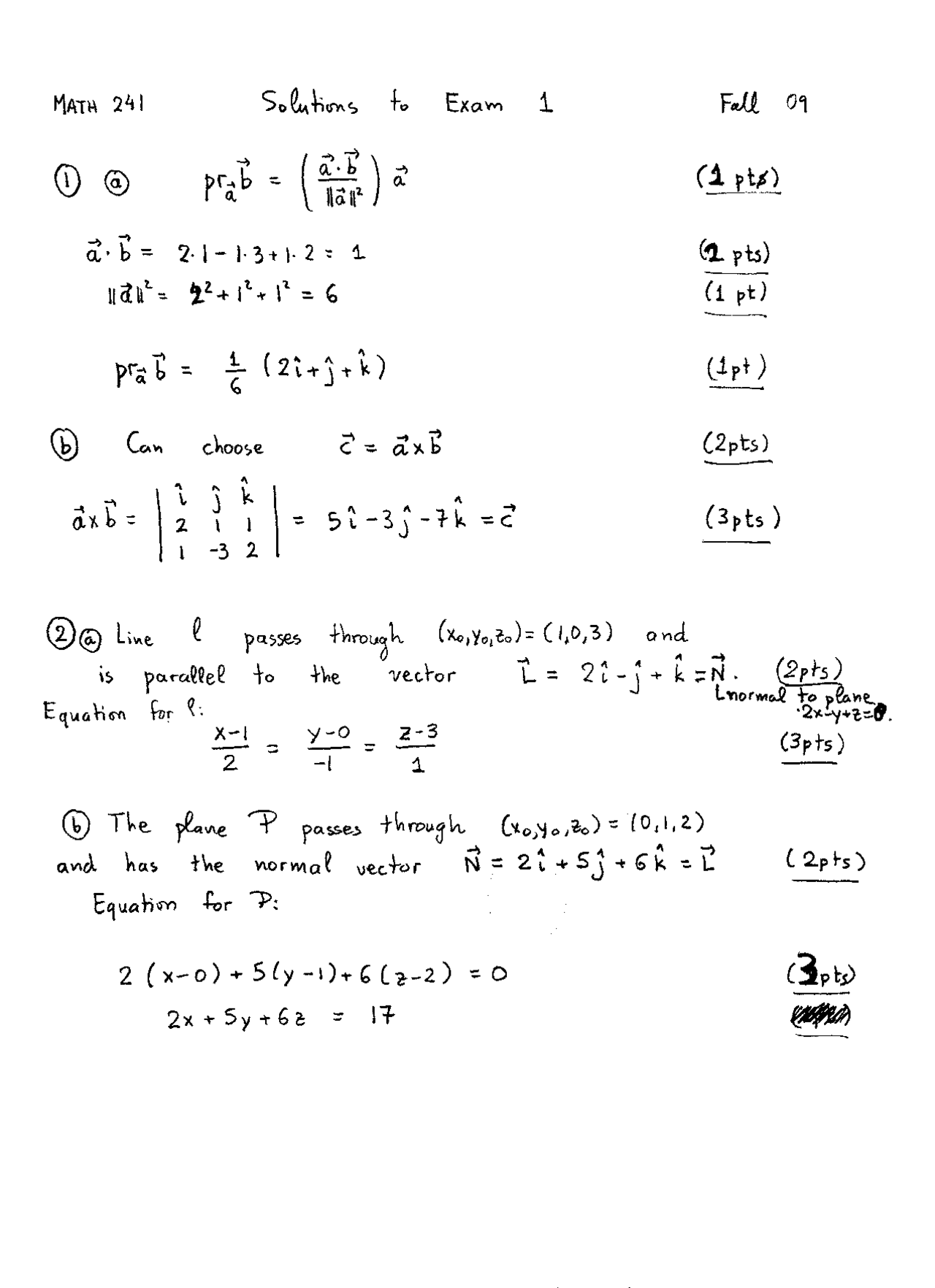 Solution to Exam 1 - Calculus III - Fall 2009 | MATH 241 - Docsity