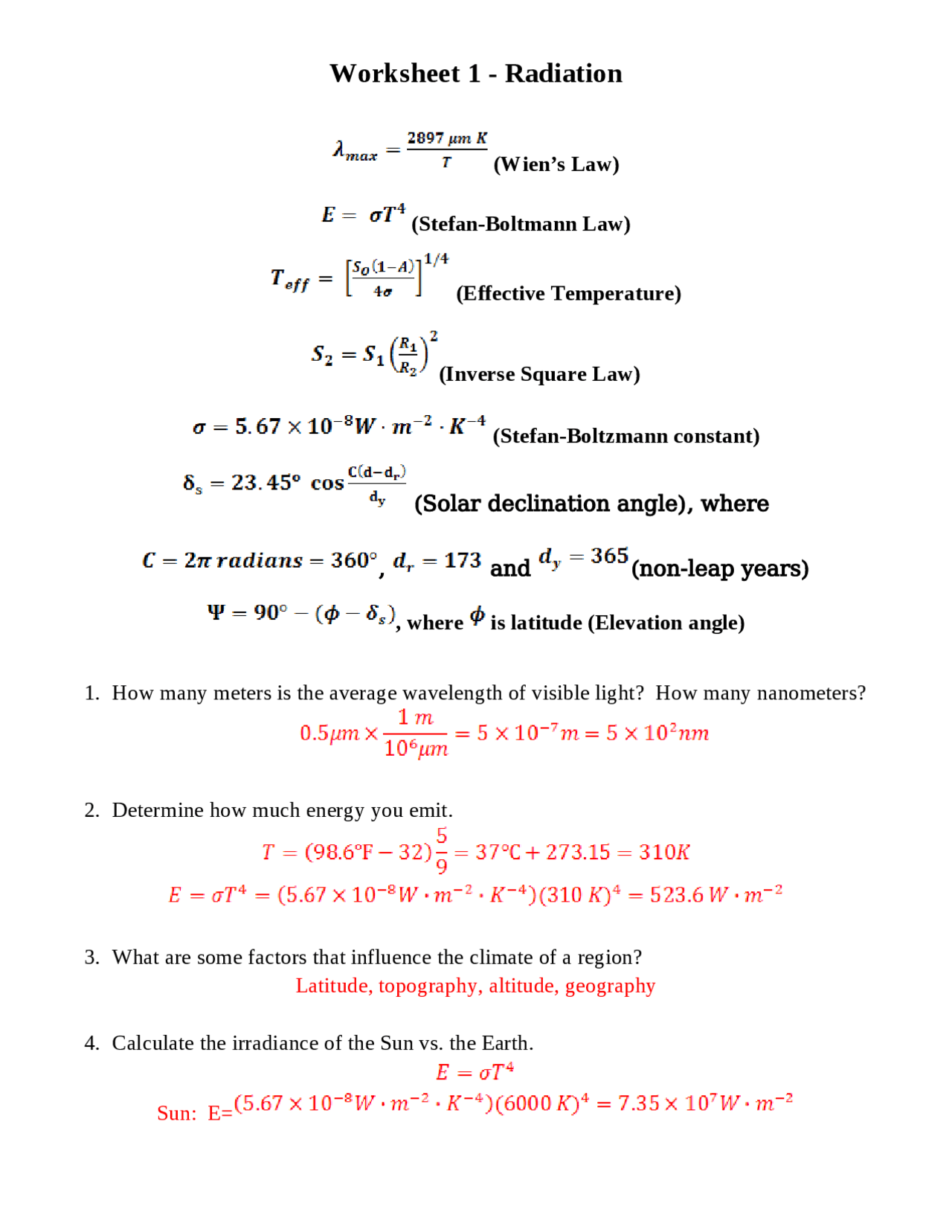 Radiation Math Radiation - Worksheet 1 - Physics of the Weather | EAS 2750 - Docsity