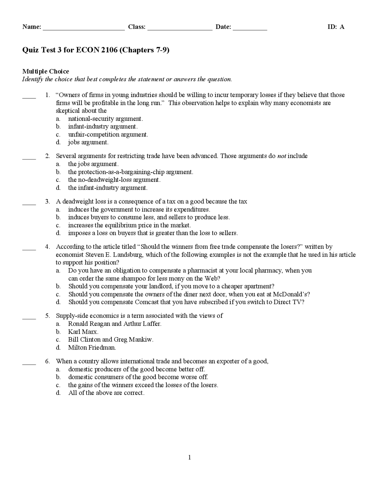 Quiz Test 3 with Answer Key - Principles of Microeconomics | ECON 2106 ...