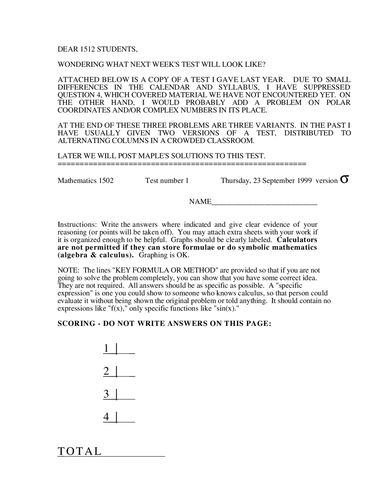 Test 1 Questions | Calculus II 1999 | MATH 1502 | Exams Calculus | Docsity