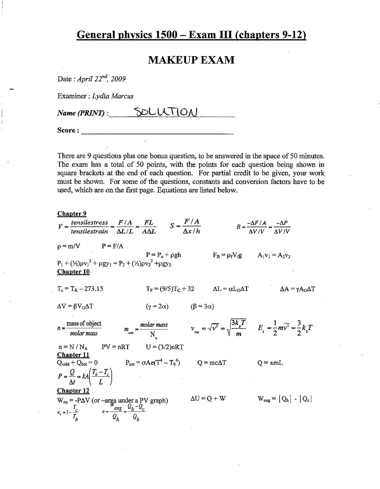 General Physics I Makeup Exam with Solutions | PHYS 1500 - Docsity