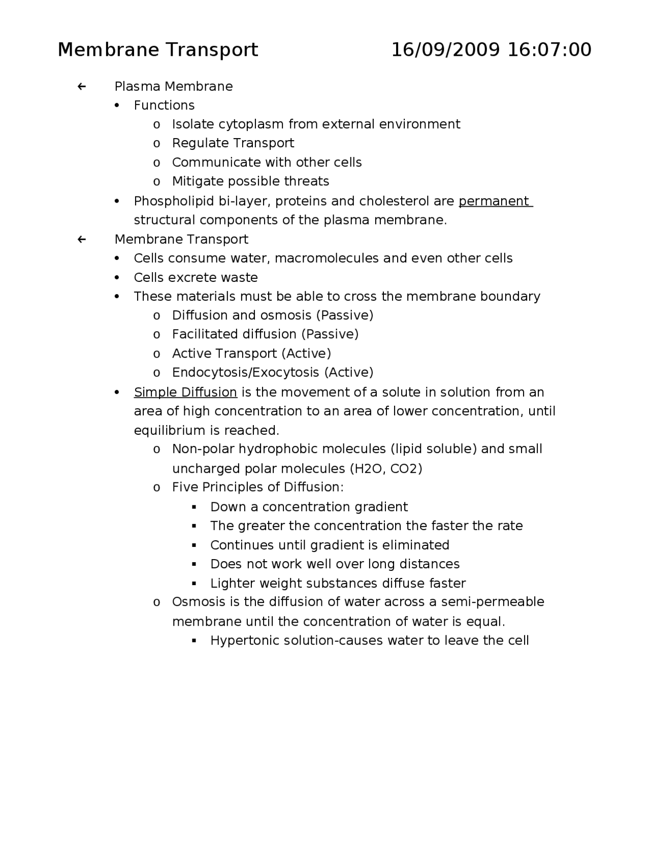 Plasma Membrane - Membrane Transport | BIOL 101 - Docsity