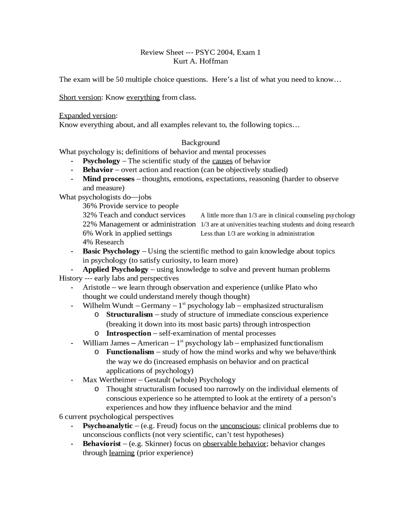 Review Sheet for Exam 1 - Introductory Psychology | PSYC 2004 - Docsity