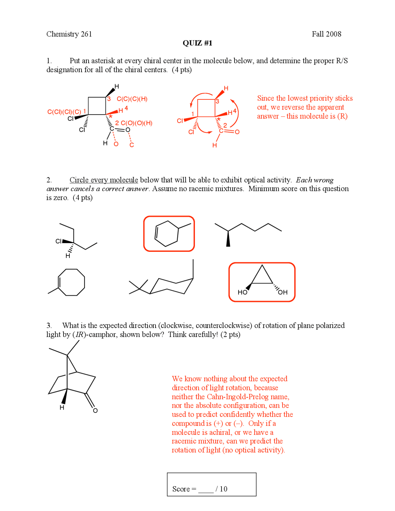 3 Questions with Resolutions for Organic Chemistry Quiz 1 CHEM 261
