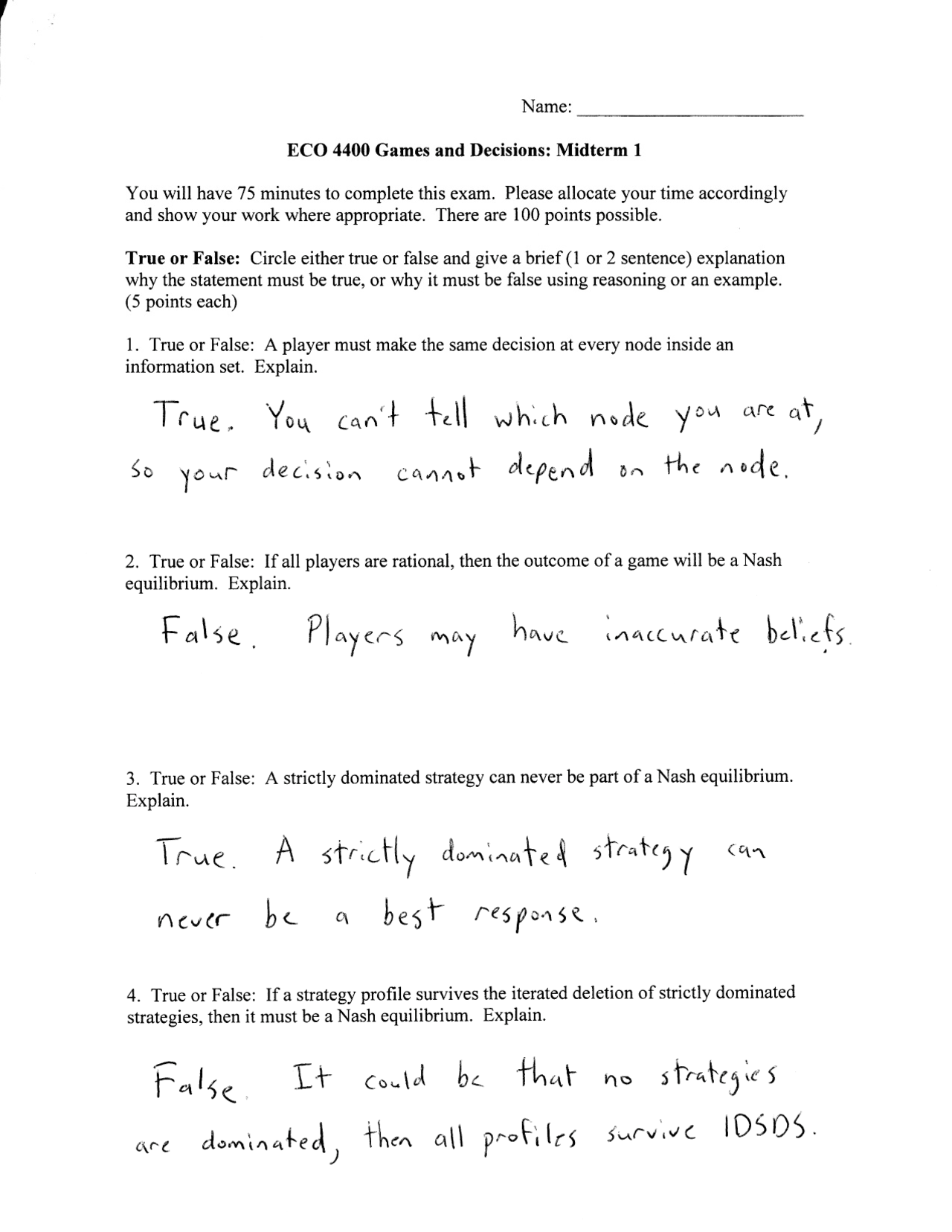 Games and Decisions - Solutions for Midterm Exam 1 | ECO 4400 - Docsity