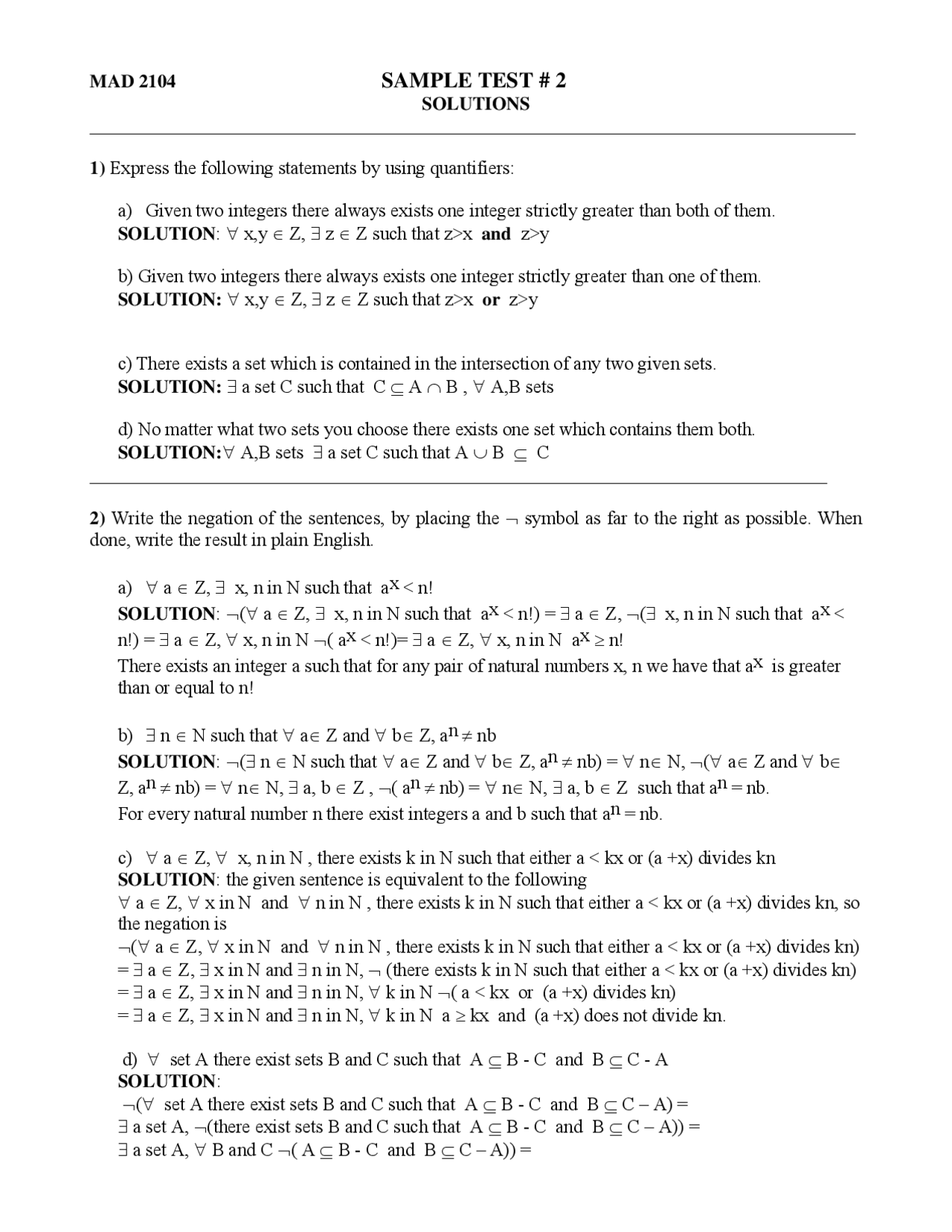 Sample Test 2 Solutions - Honors Discrete Mathematics | MAD 2104 ...