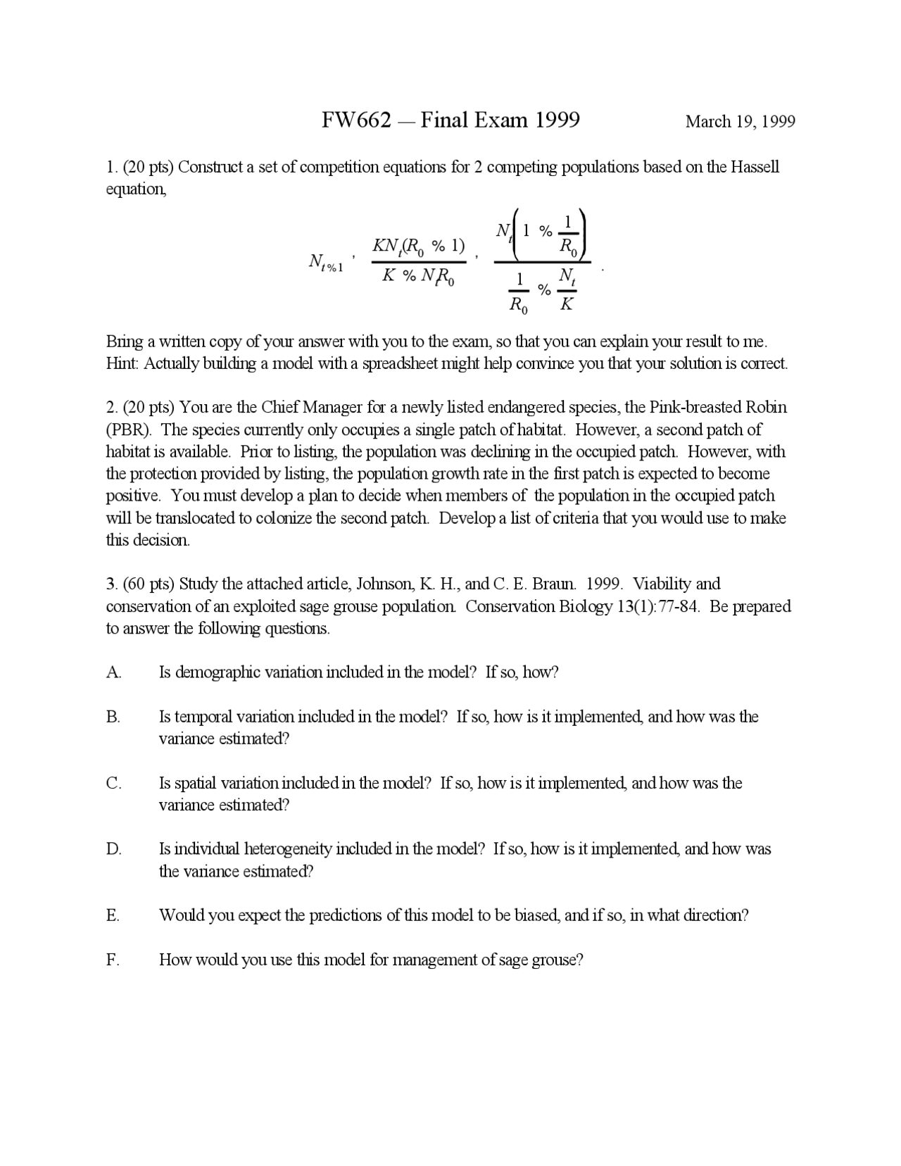 Final Exam 1999: Population Dynamics and Conservation | Exams Biology ...
