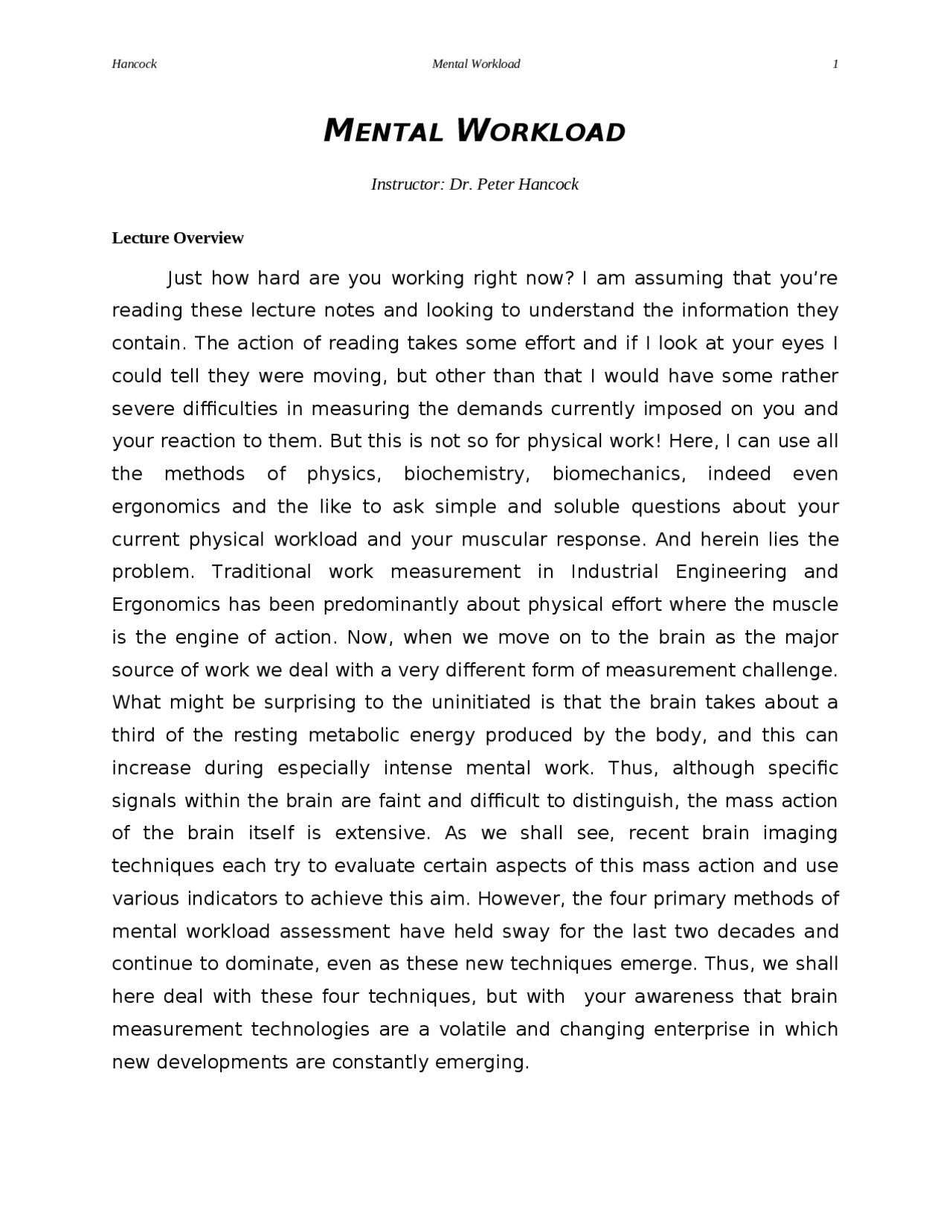Workload Lecture Mental Workload - Lecture Overview | ESL READING - Docsity