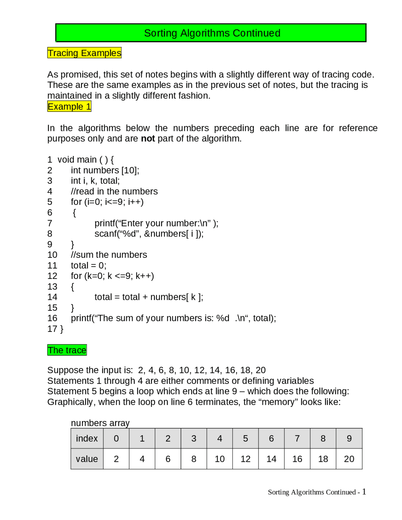 Notes on Sorting Algorithms - Computer Science I | COP 3502 - Docsity
