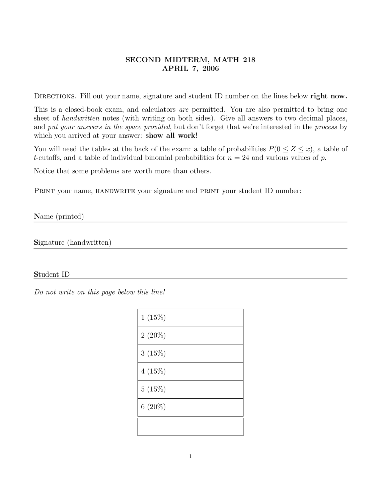Practice Midterm Exam - Probability for Business | MATH 218 - Docsity