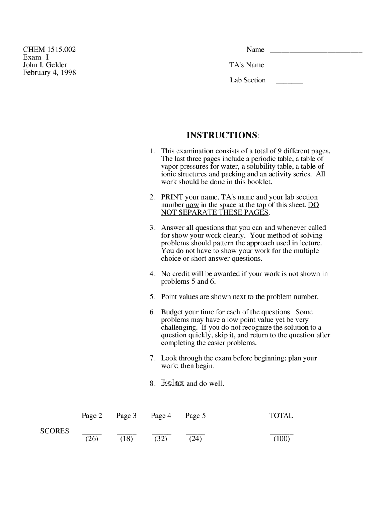 Old Exam 1 Questions - General Chemistry - Fall 1998 | CHEM 1515 - Docsity
