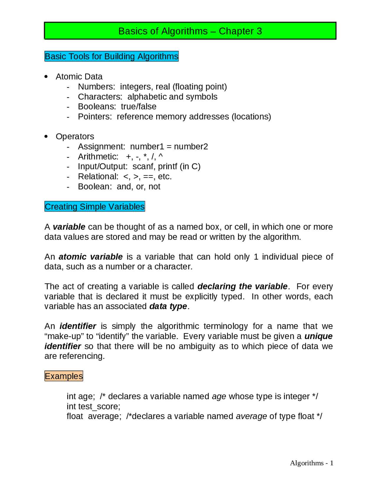 chapter 2 basic algorithmic number - chapter 2 basic... Basic Tools for Building Algorithms: Chapter 2 - Notes | COP 3502 - Docsity