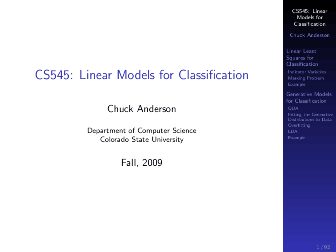 Linear Model for Classification - Course Outline | CS 545 - Docsity