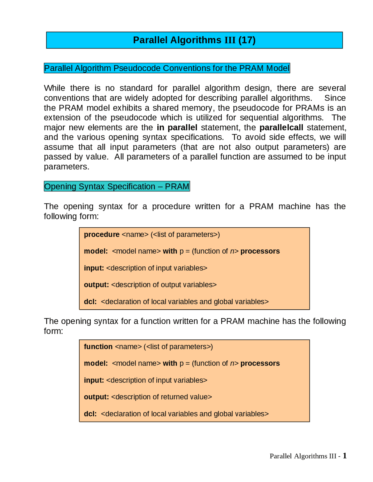 Pram Algorithm Ed Parallel Algorithm Pseudocode Conventions for the PRAM Model | COP 3503 ...