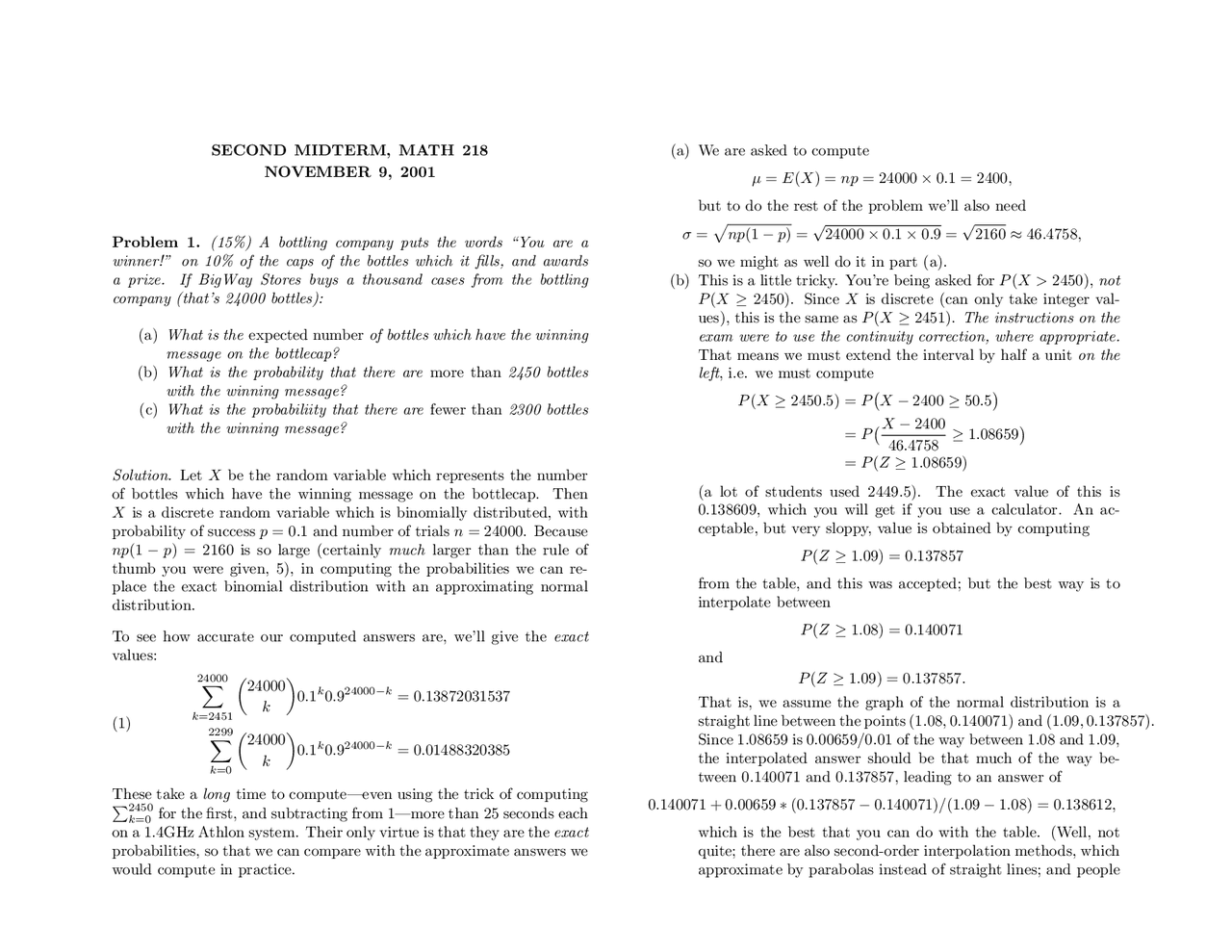Practice Midterm Exam 2 - Probability for Business - Fall 2001 | MATH ...