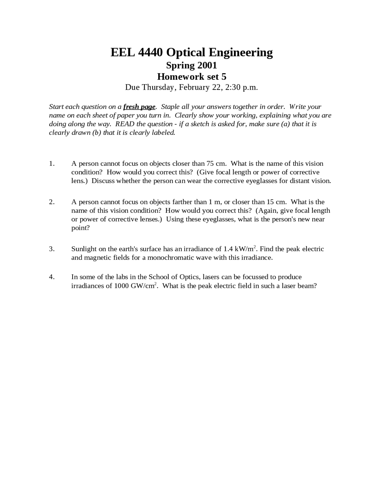 Homework Set 5 Optical Engineering 2001 EEL 4440 Docsity
