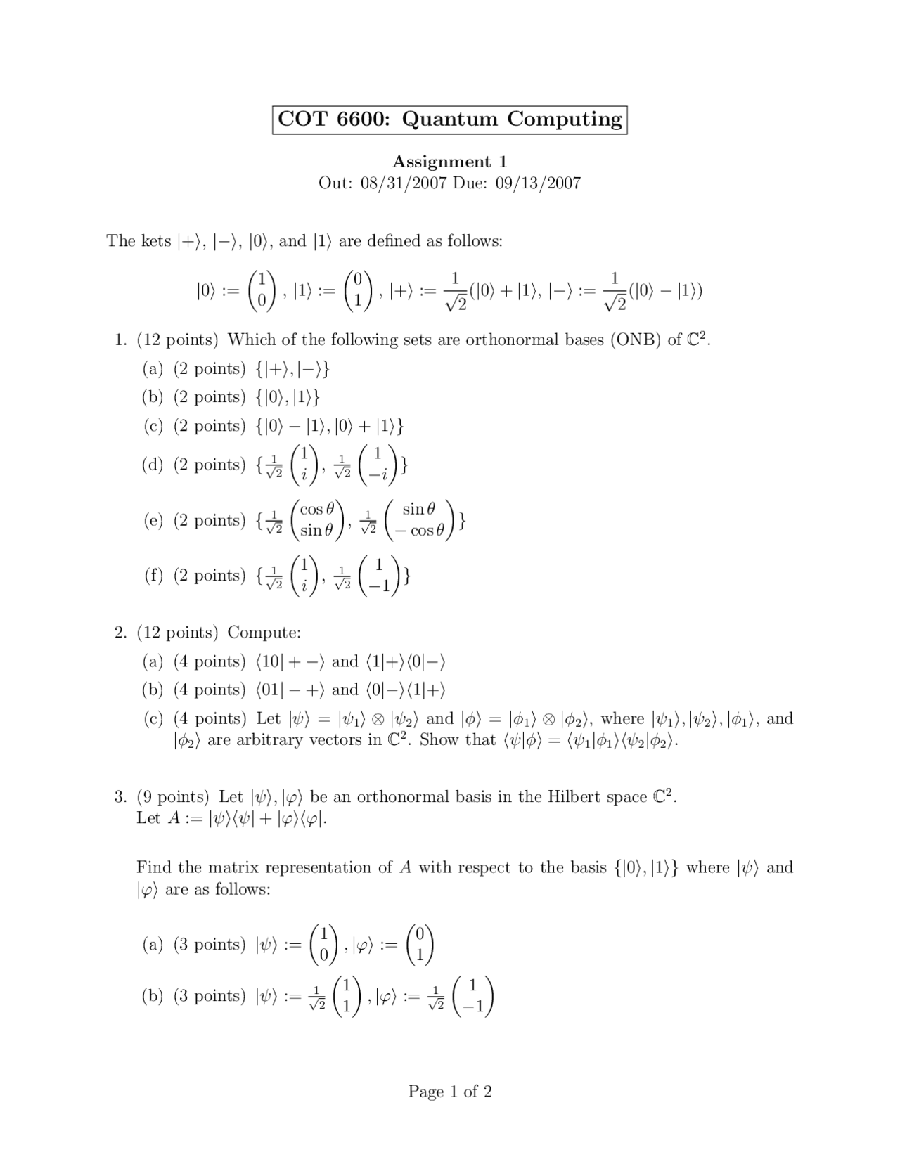 7 Solved Problems on Quantum Computing - Assignment 1 | COT 6600 - Docsity