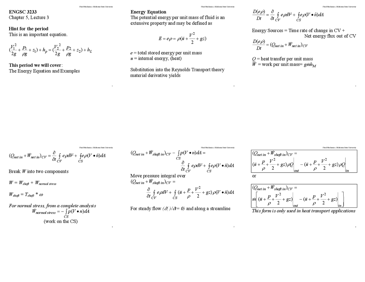 Energy Equations of Fluid Mechanics - Lecture Notes | ENSC 3233 - Docsity