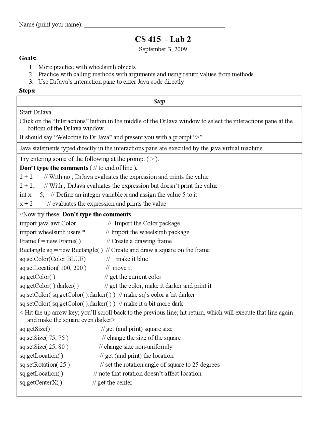 Introduction to Computer Science I Lab - Laboratory 2 | CS 415 - Docsity