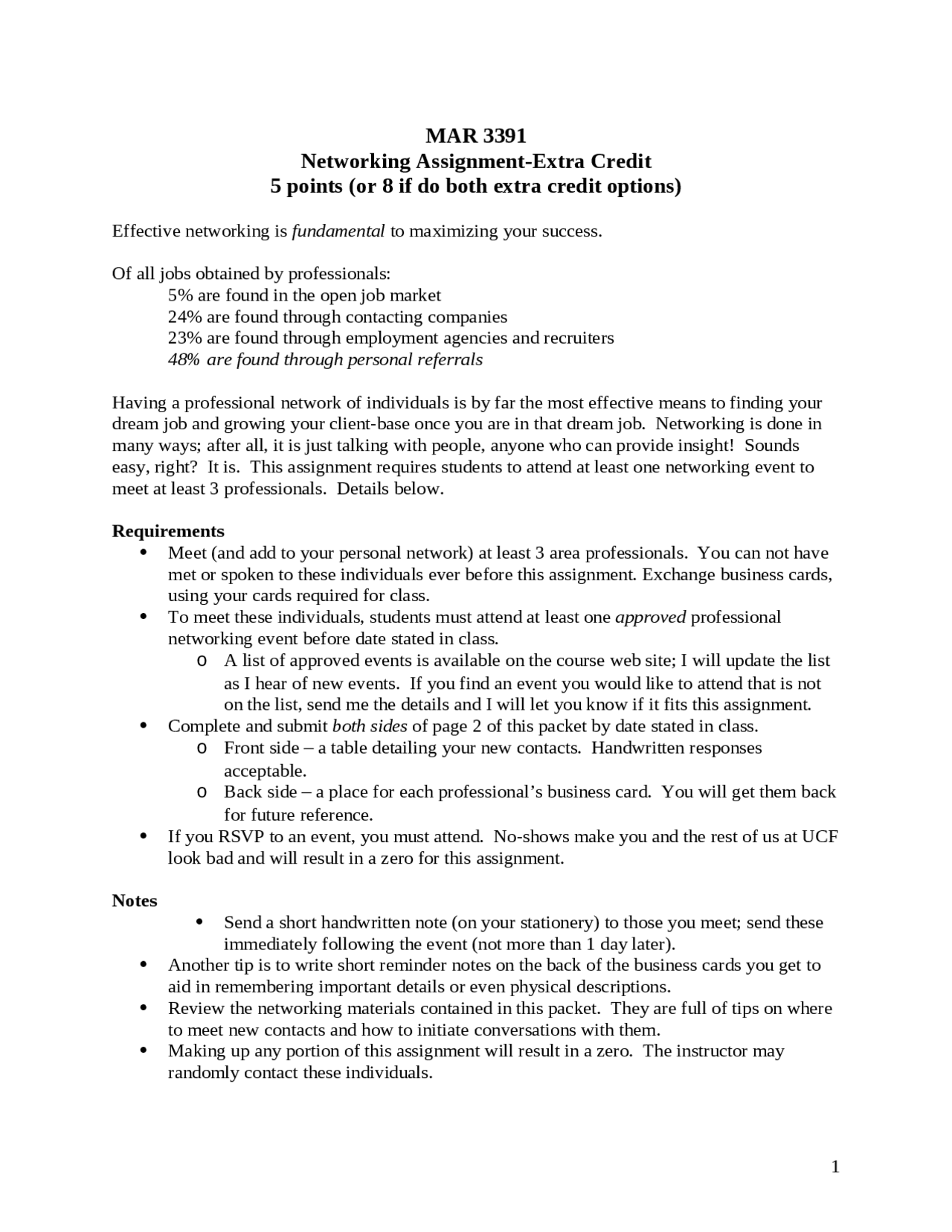 Networking Assignment Extra Credit - Lecture Notes | mar-91 | Assignments  Marketing | Docsity