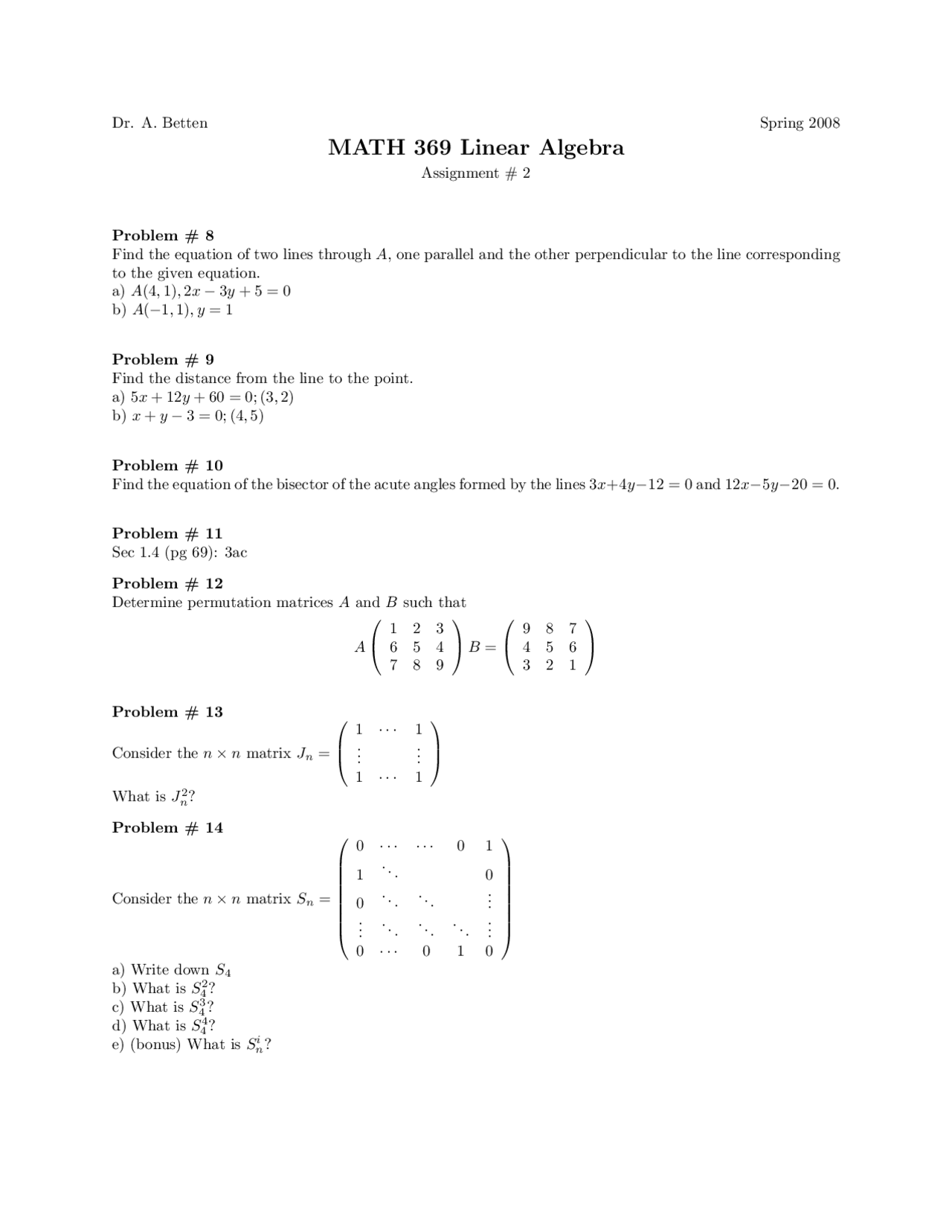 Math Homework University Homework 2 with Questions - Linear Algebra I | MATH 369 - Docsity