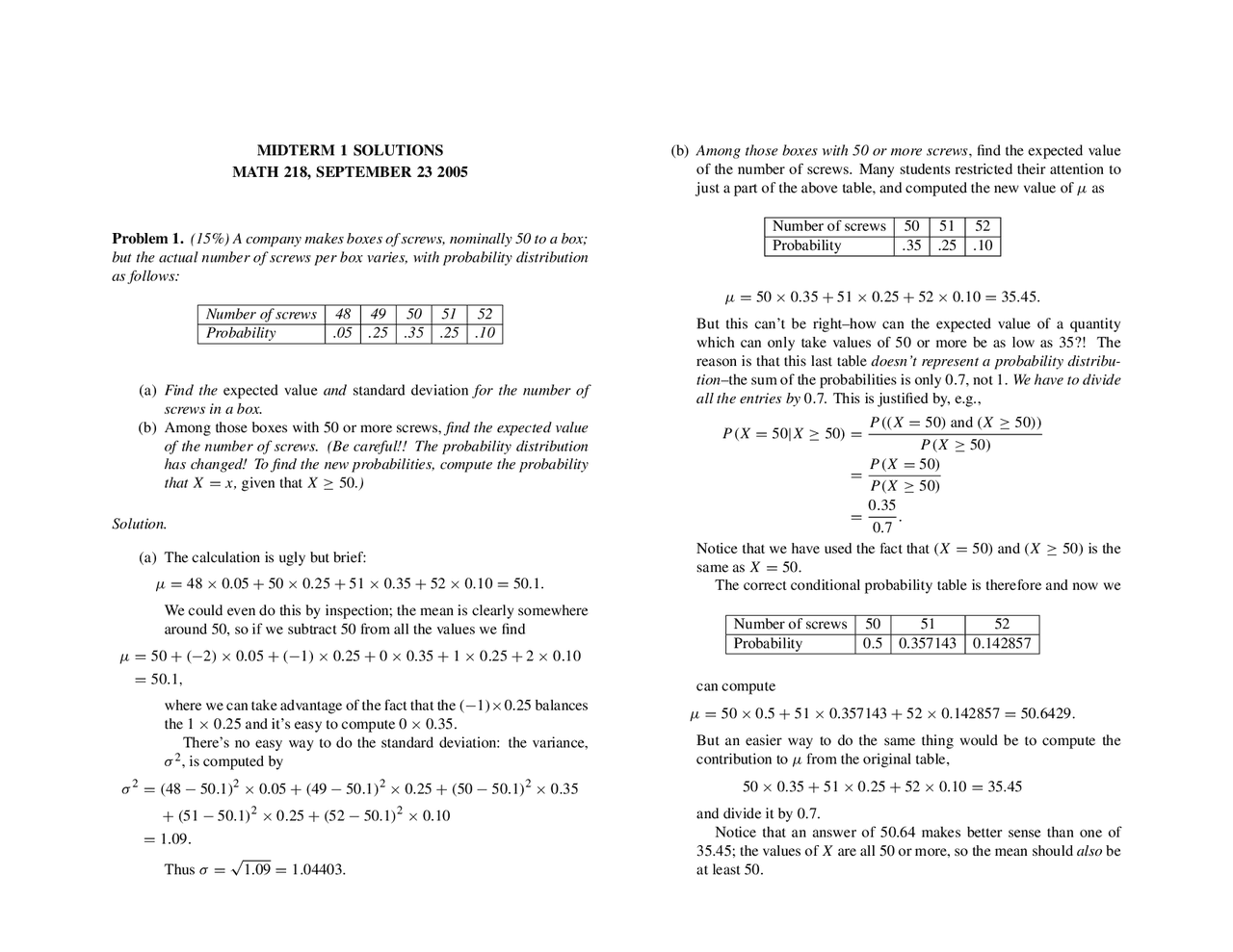 5 Solved Problems on Probability Distribution - Midterm Exam | MATH 218 ...