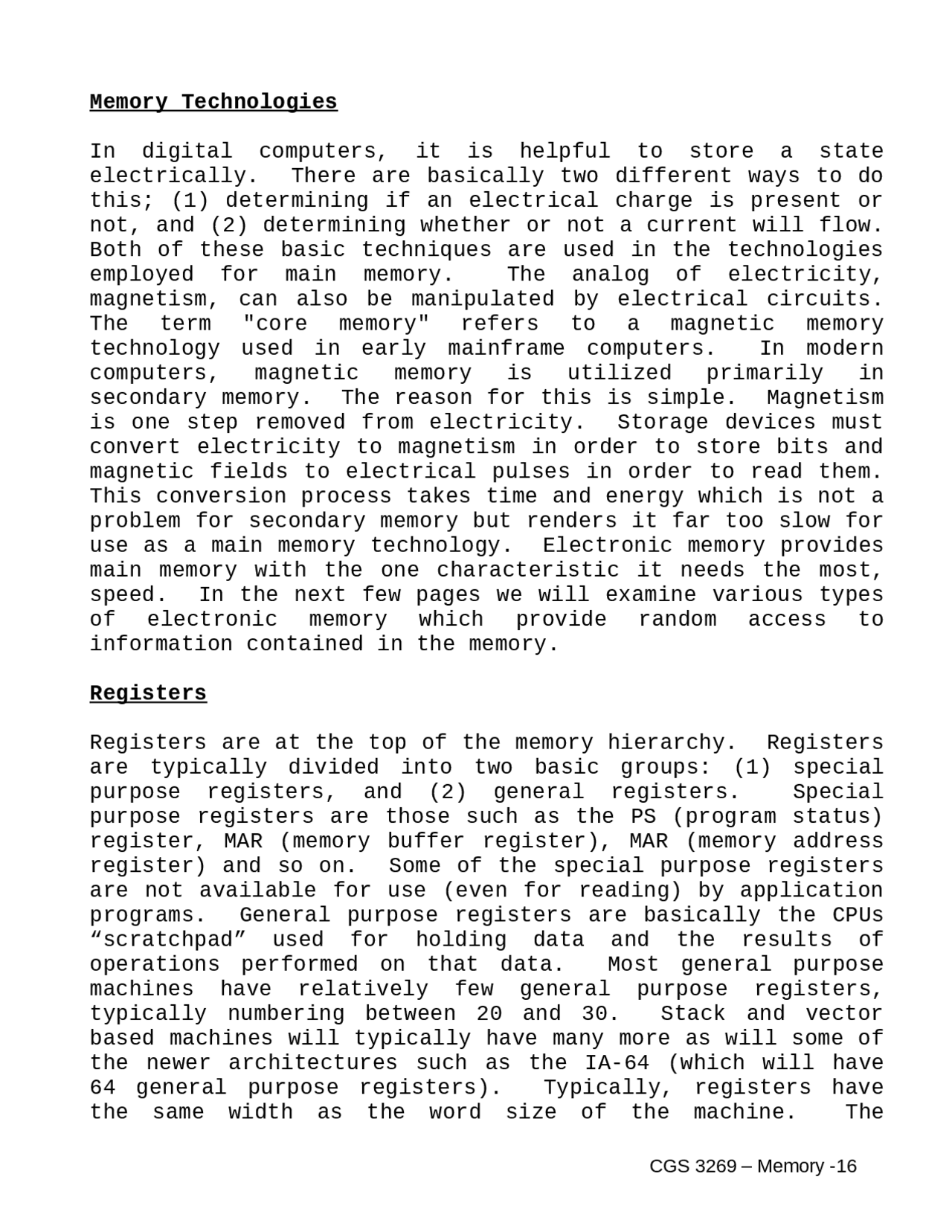 Memory Technologies, Registers, Main Memory - Lecture Notes | CGS 3269 ...