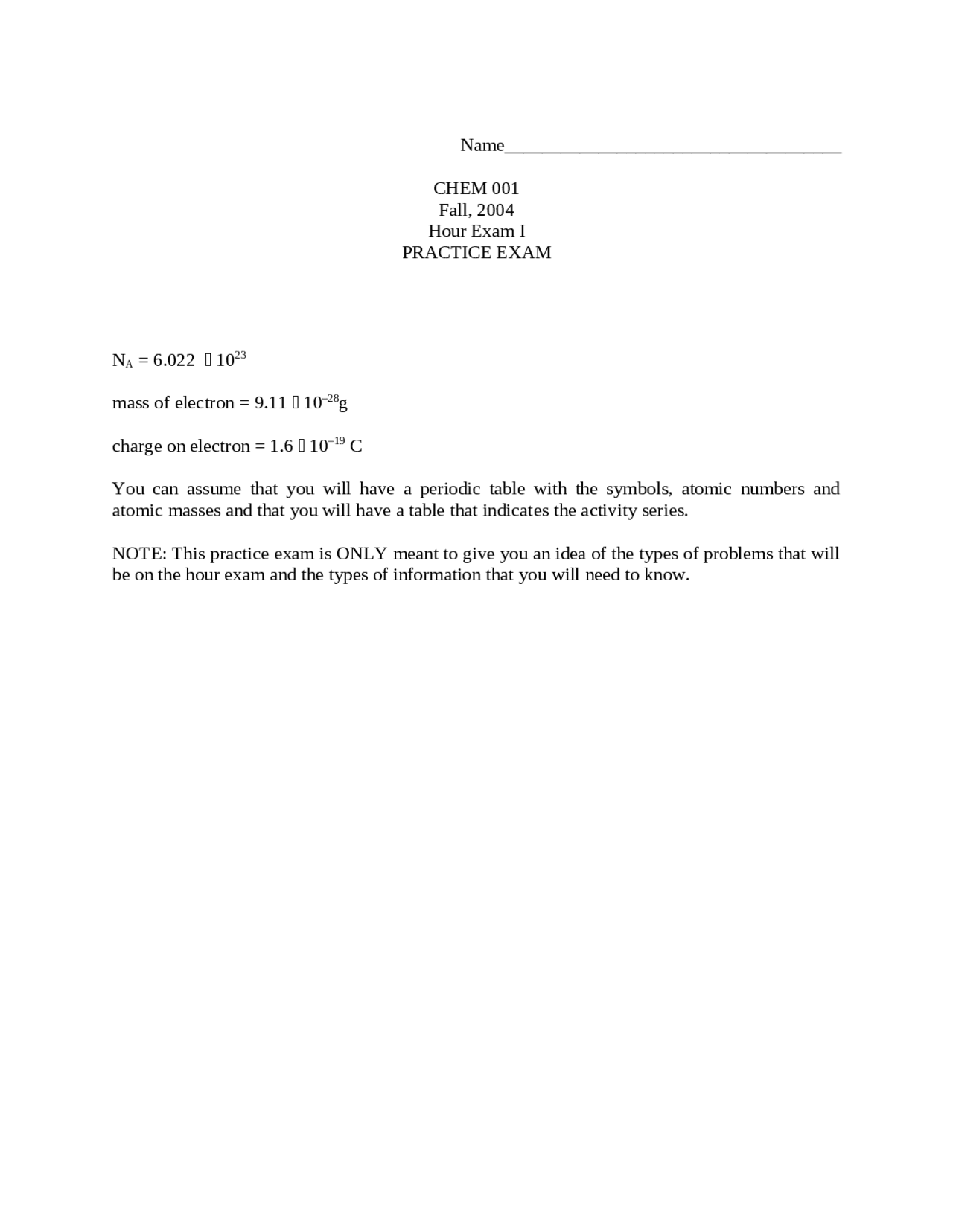 Practice Exam Solutions - General Chemistry Lecture I | CHEM 001 - Docsity