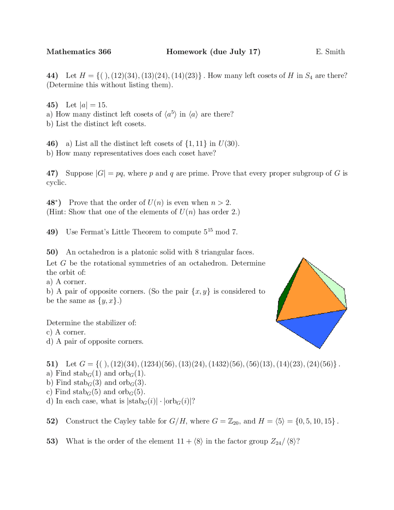 Introduction to Abstract Algebra - Homework 5 | MATH 366 - Docsity
