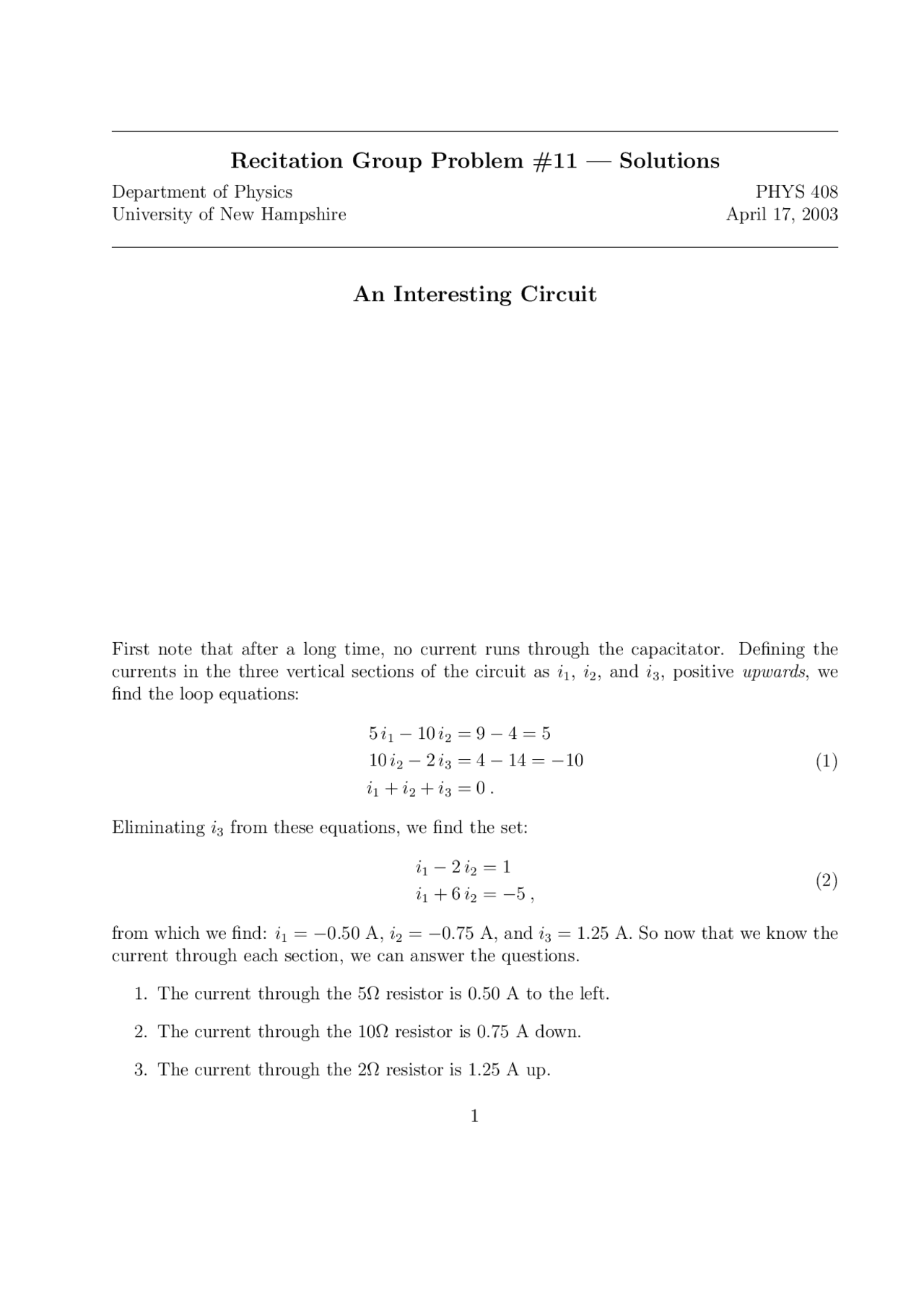 An Interesting Circuit - Problem Set 11 with Solutions | PHYS 408 |  Assignments Physics | Docsity
