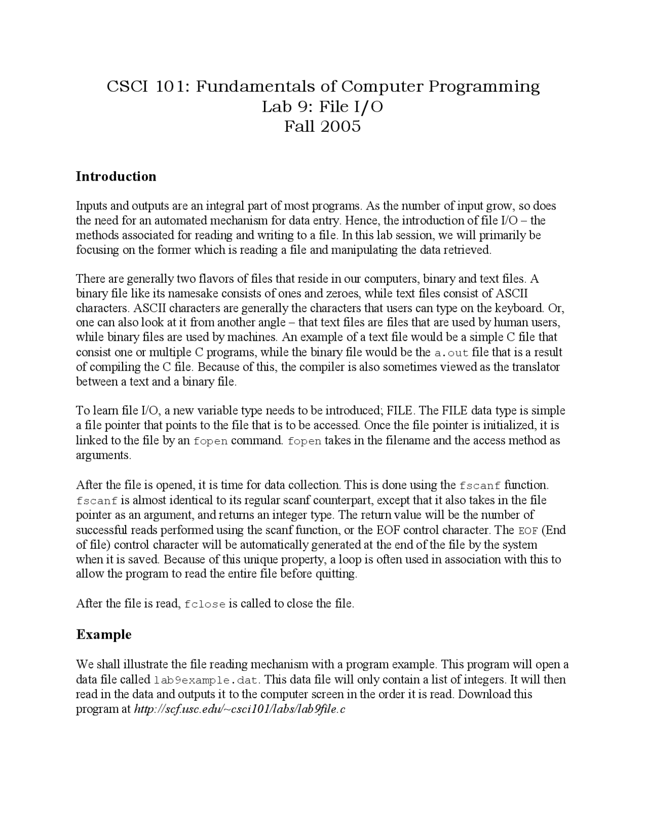 Lab 9 - Fundamentals of Computer Programming | THTR 101 - Docsity