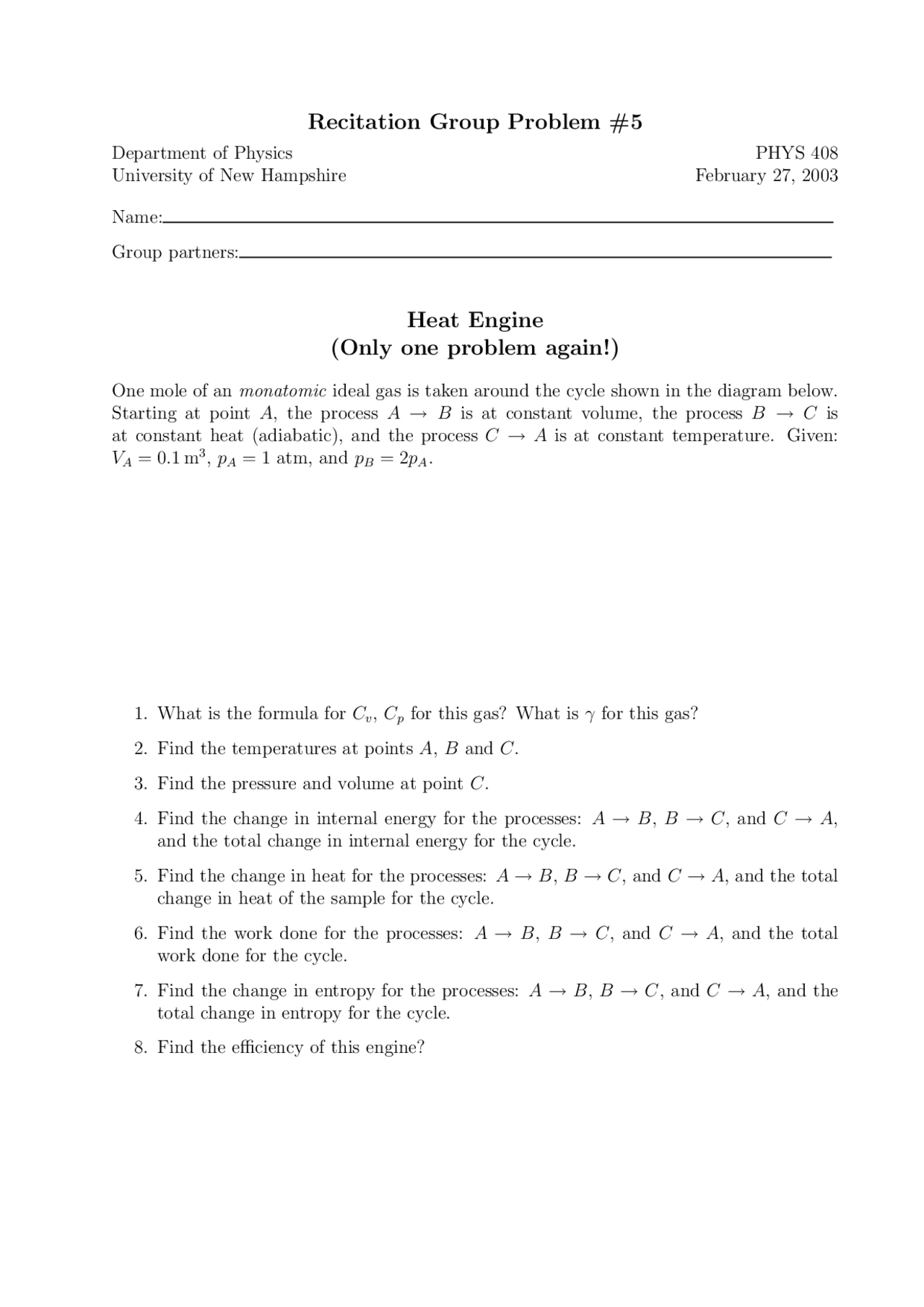 Solved Assignment 5 - Heat Engine - General Physics II | PHYS 408 - Docsity