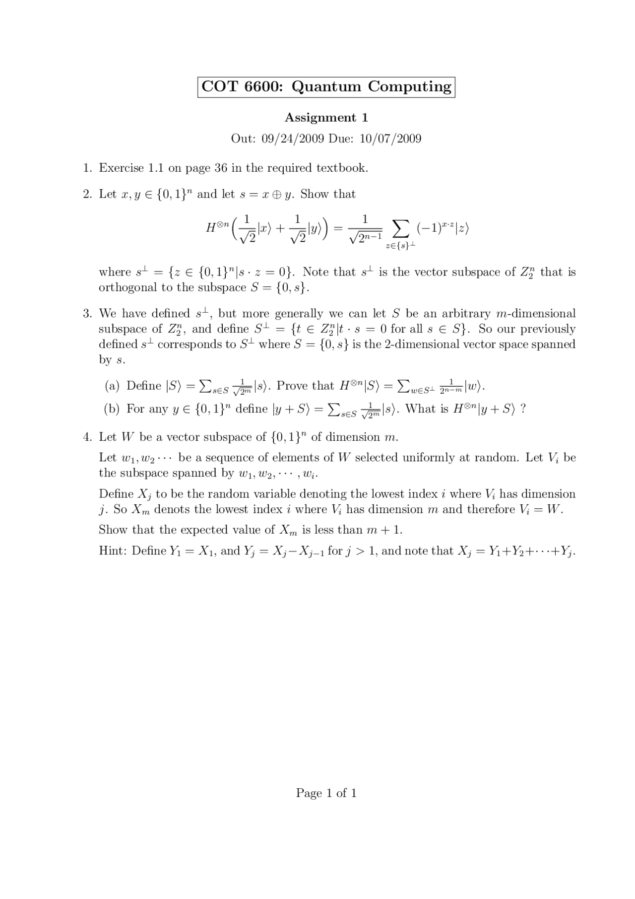 4 Solved Problems on Quantum Computing - Homework 1 | COT 6600 - Docsity