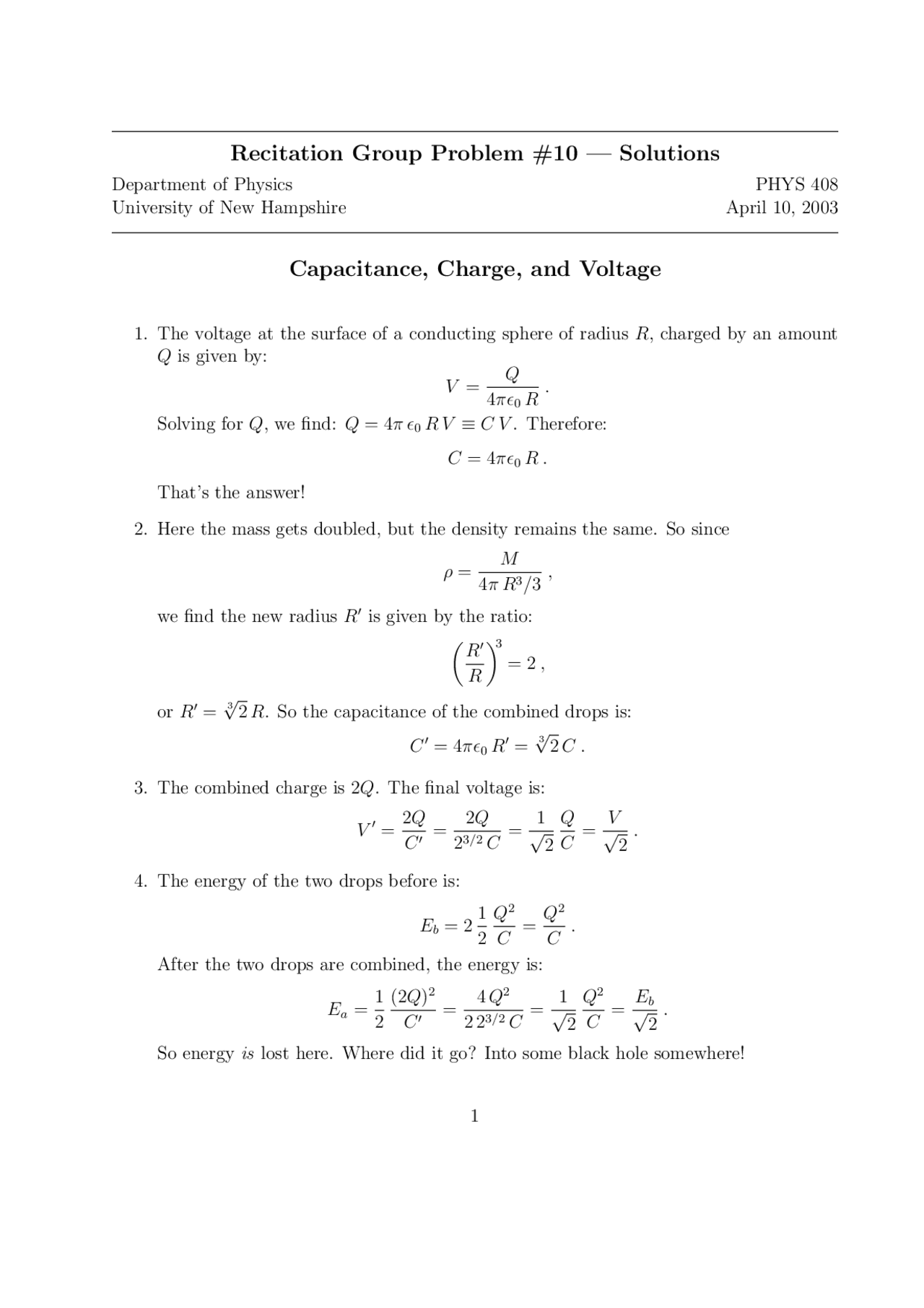 Capacitance Charge And Voltage Problem Set 10 With Solutions PHYS Capacitance Charge And Voltage Problem Set 10 With Solutions Phys