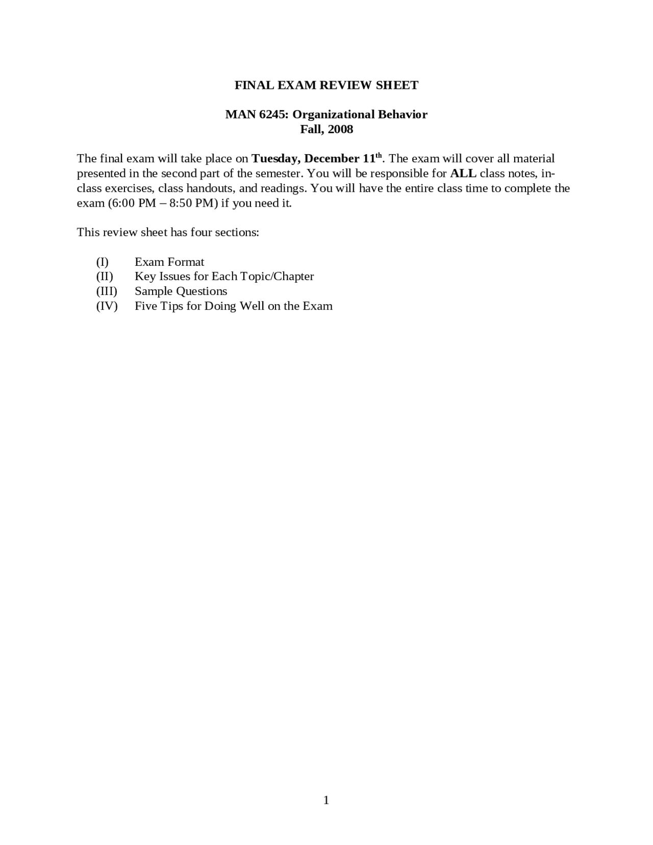 Final Exam Review Sheet - Organizational Behavior and Development | MAN ...