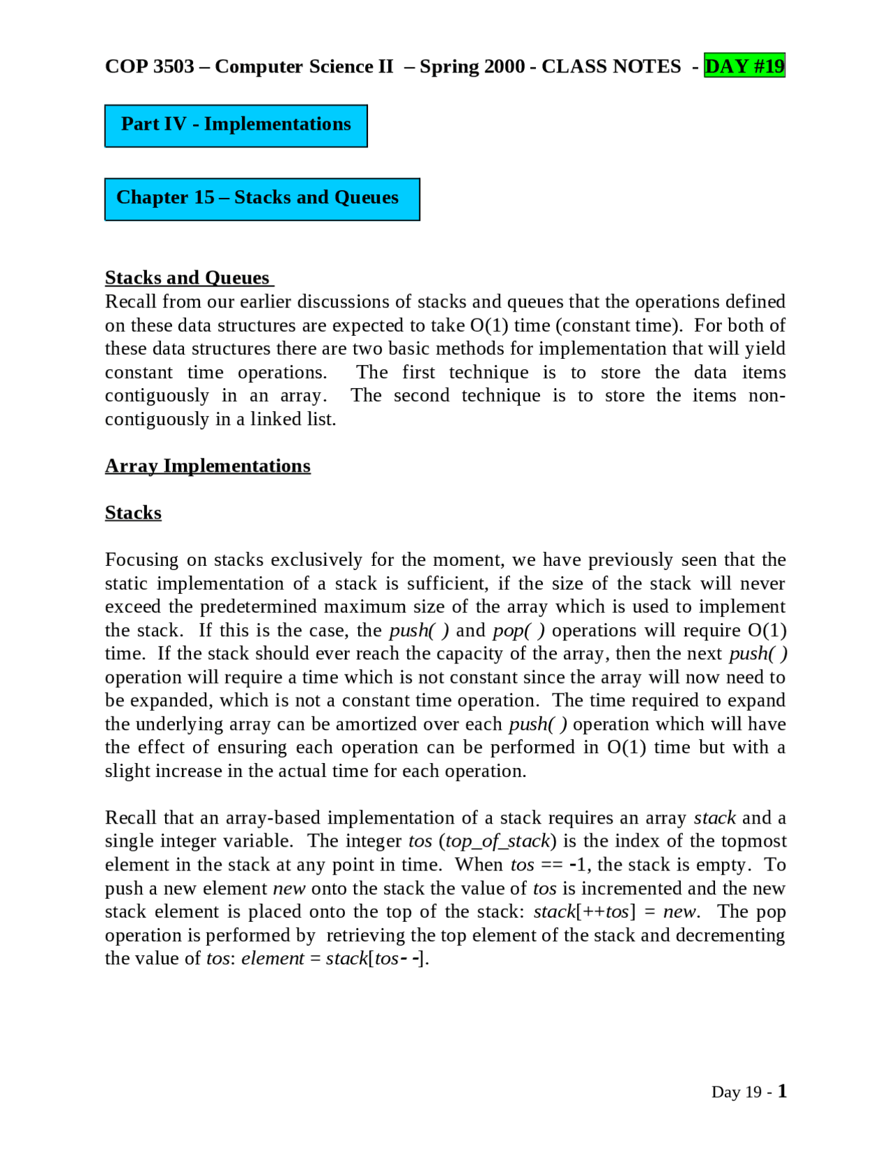 stacks and queues |... Implementations: Stacks and Queues of Computer Science II - Notes | COP ...