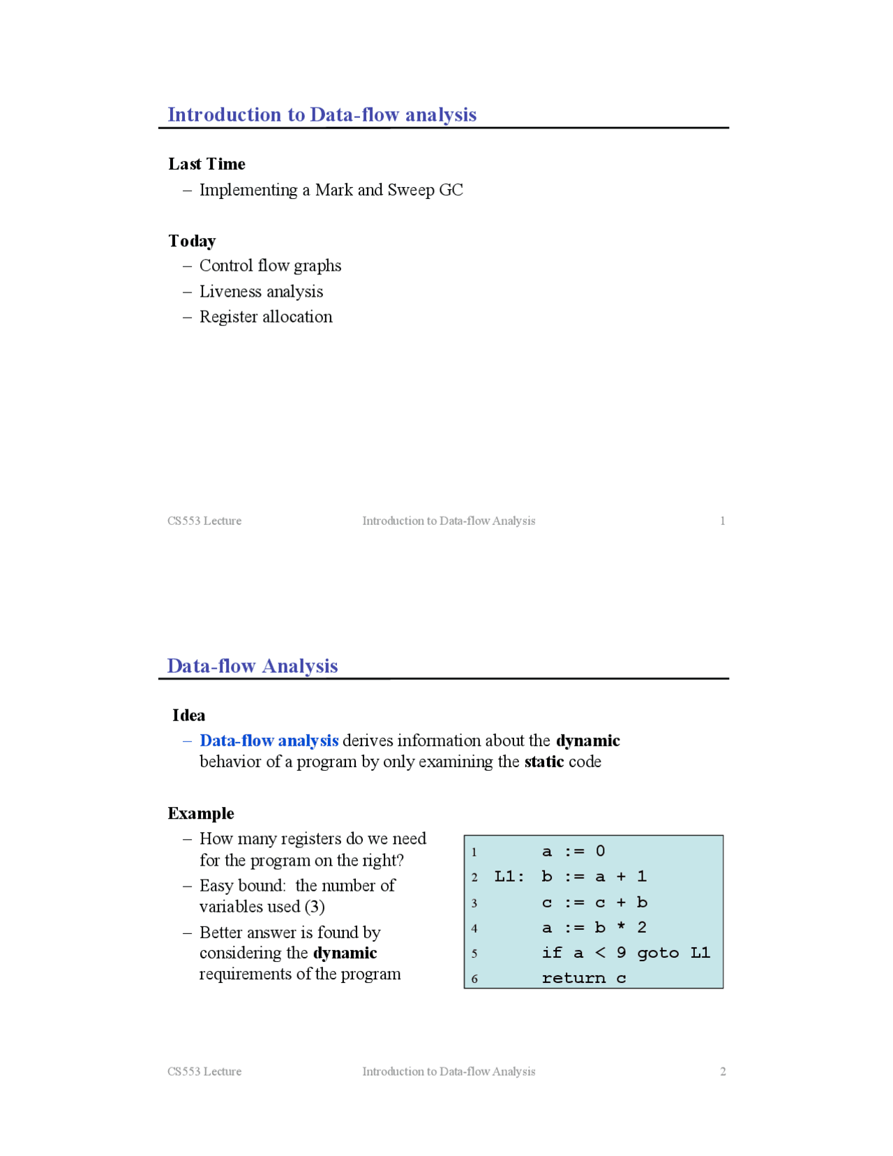 Introduction to Data Flow Analysis - Lecture Notes | CS 553 - Docsity