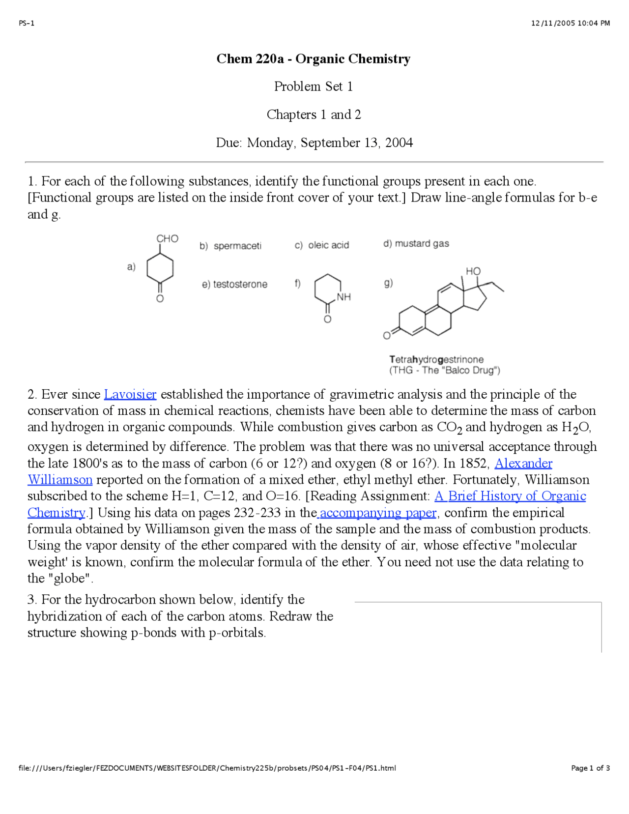 6 Questions on Organic Chemistry Problem Set 1 CHEM 220 Docsity