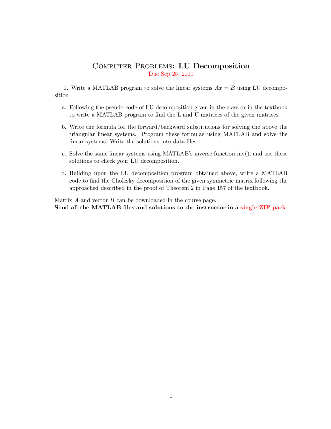 Computer Problems - LU Decomposition | MATH 450 - Docsity