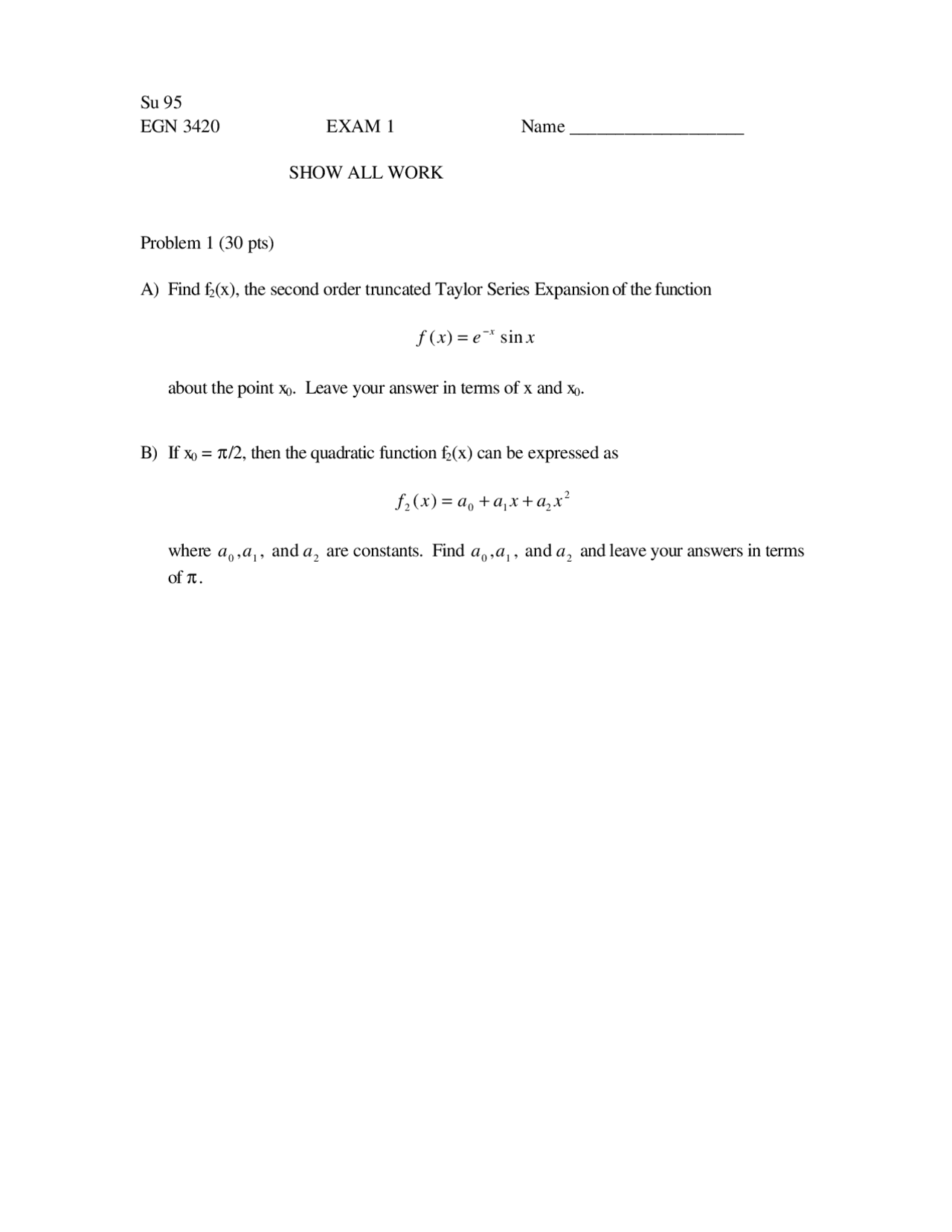 3 Problems Exam 1 - Engineering Analysis | EGN 3420 - Docsity