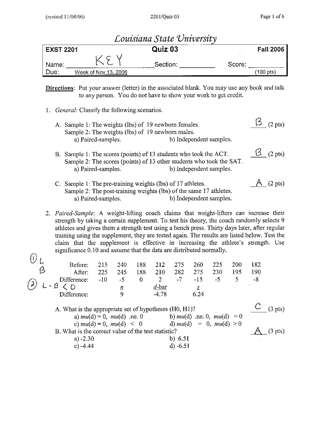 Quiz 3 with Answer Key for Statistical Analysis | EXST 2201 - Docsity