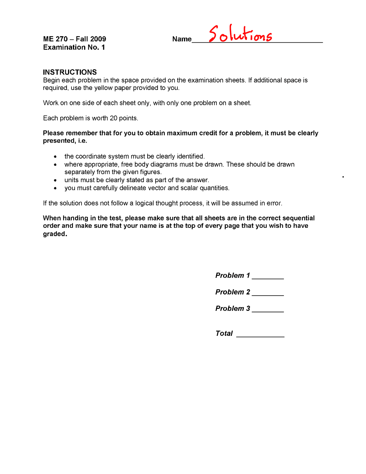 Examination 1 Solutions - Basic Mechanics I | ME 27000 - Docsity