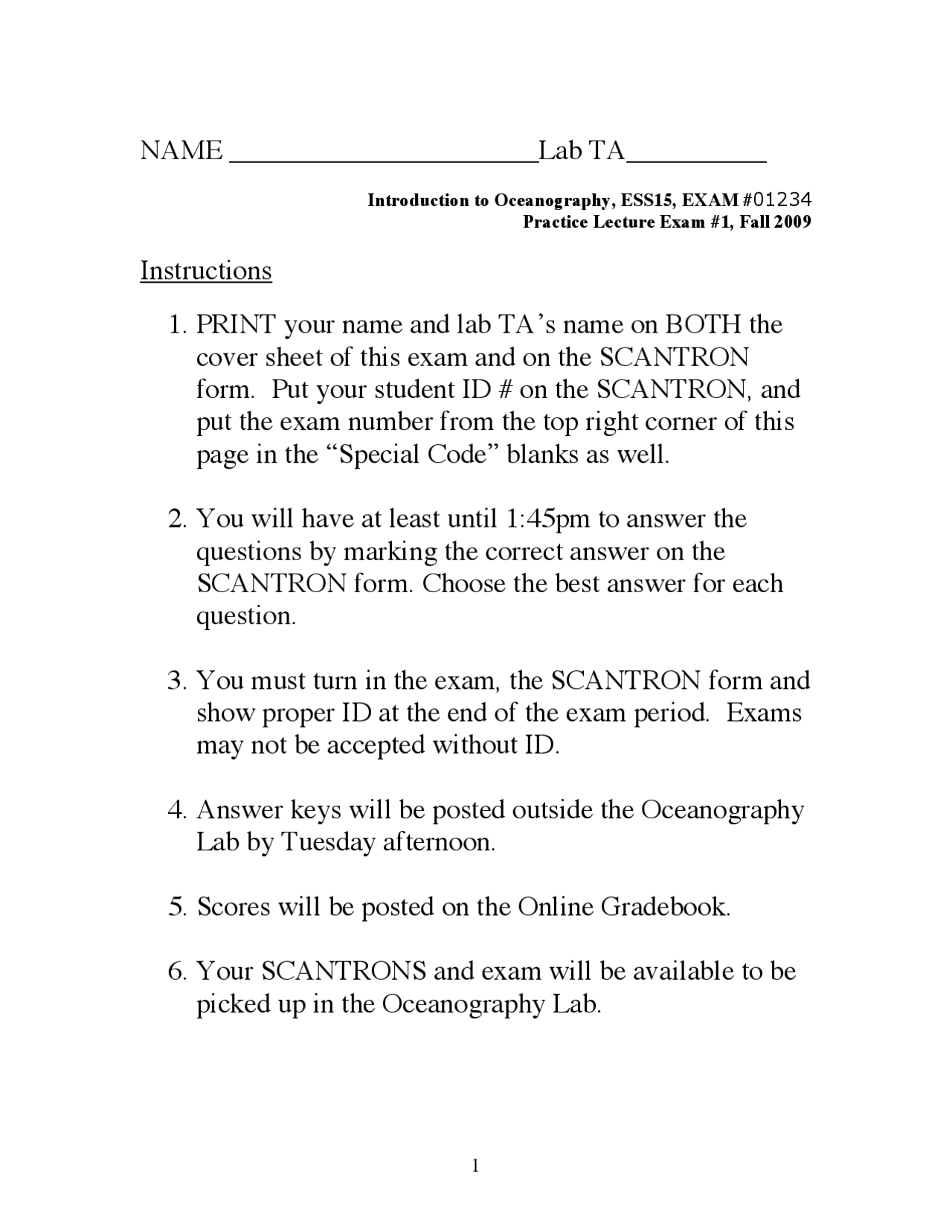 Practice Lecture Exam in Oceanography: ESS15, Exam #1, Fall 2009 - Prof ...