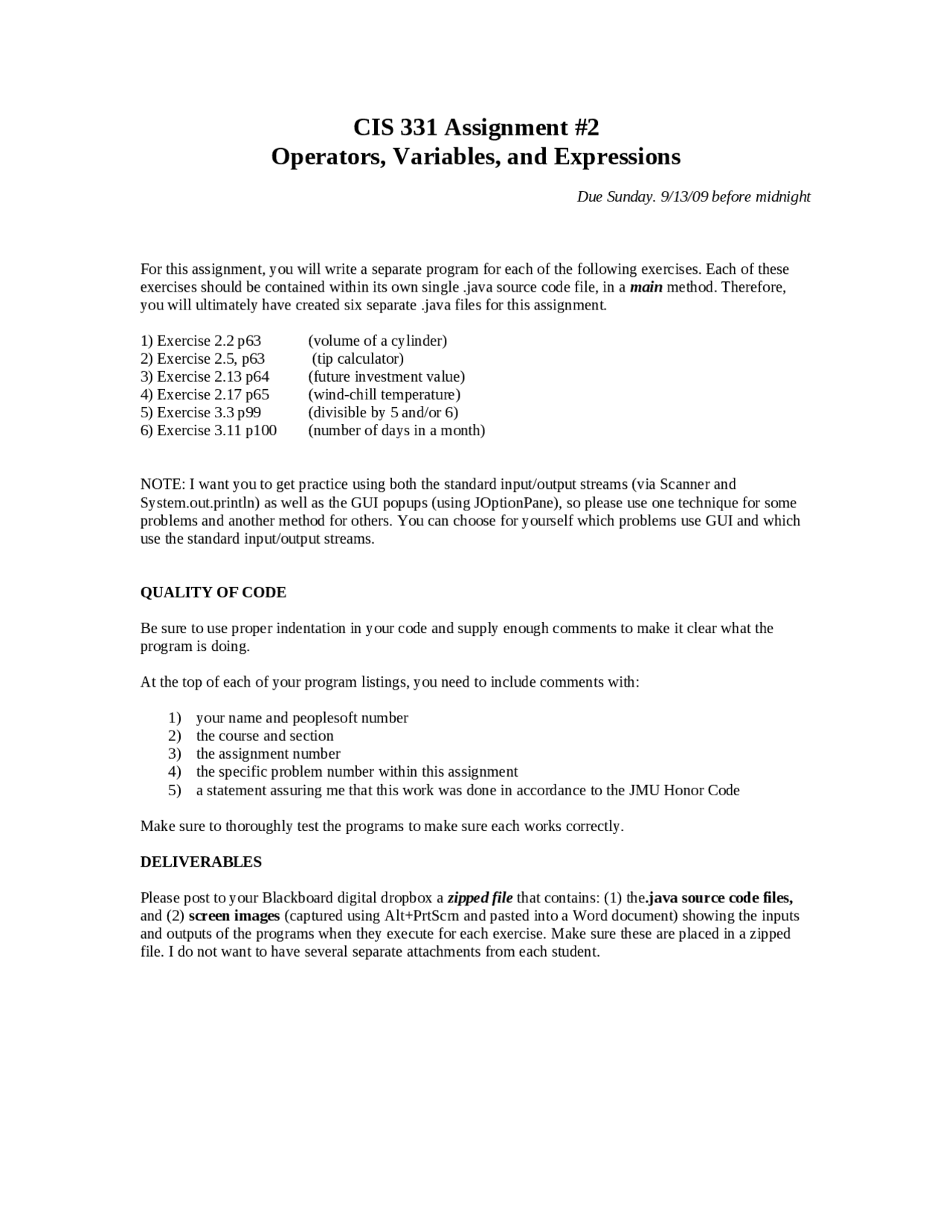 Assignment 2 on Operators, Variables, and Expressions | CIS 331 ...