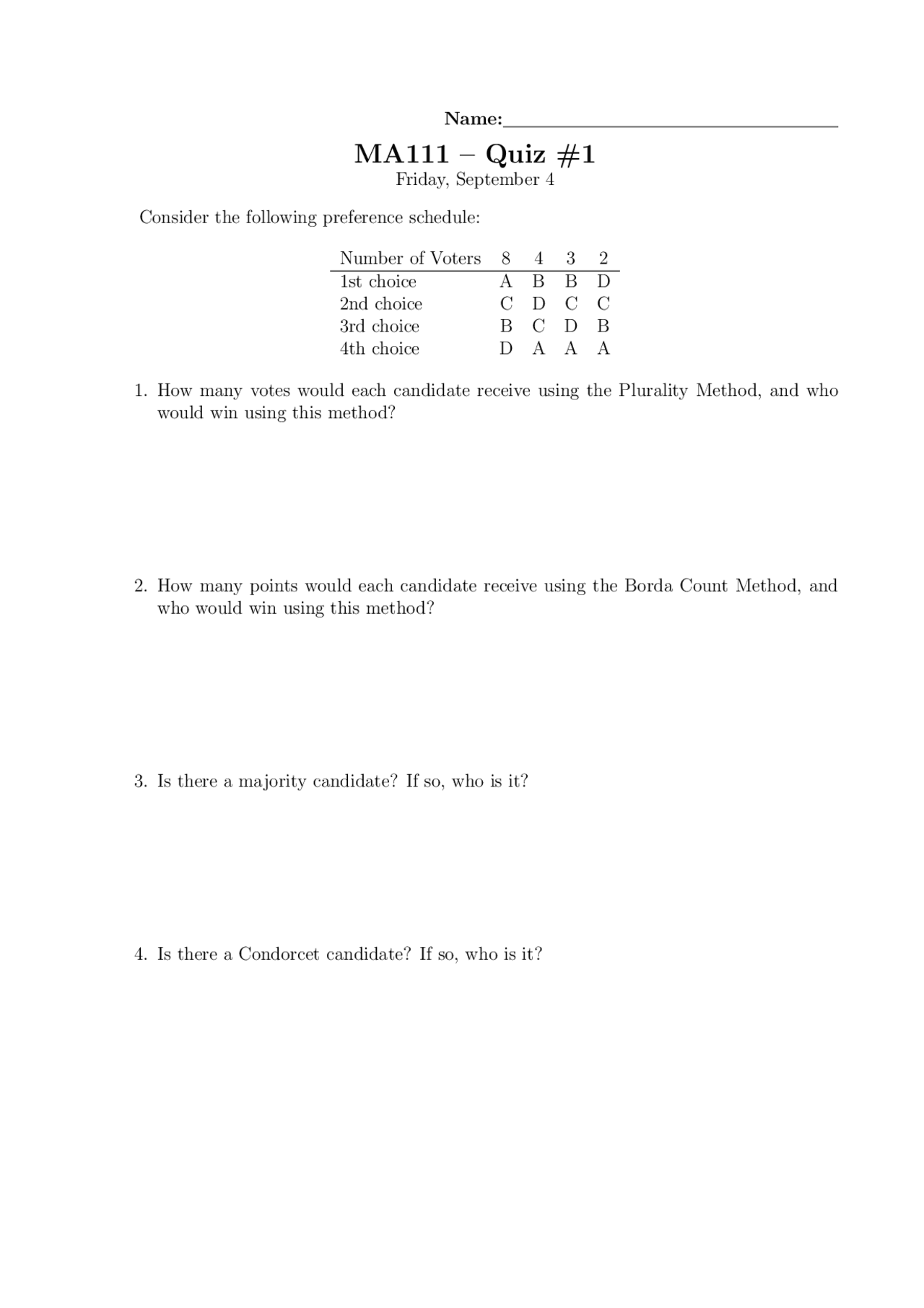 Bordas Method Questions Plurality and Borda Count Method - Quiz 1 | MA 111 - Docsity
