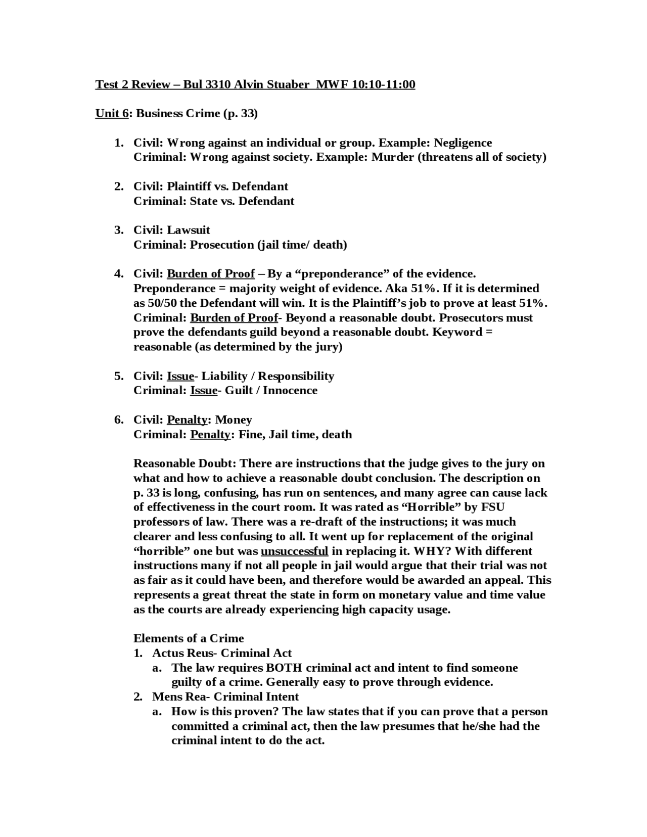 Test II Review - Legal and Ethics Environment of Business | BUL 3310 ...